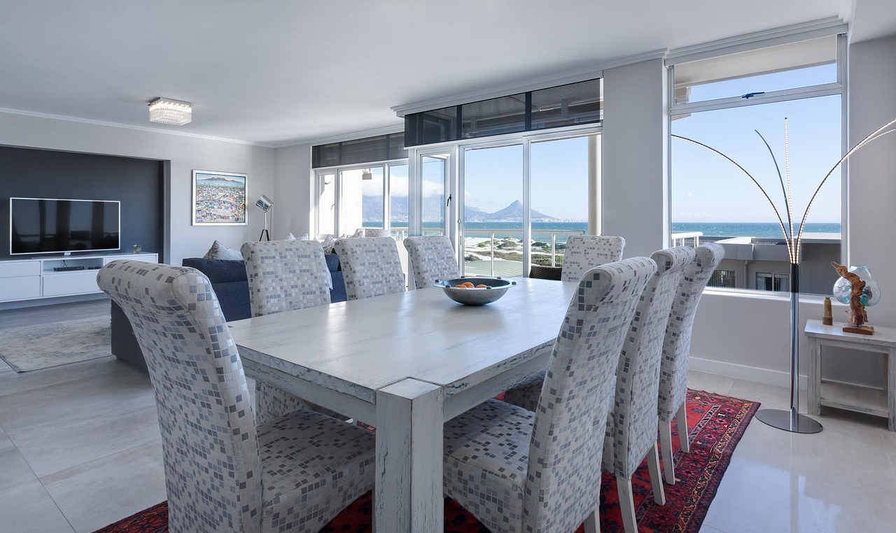 Modern beach apartment interior with sea view