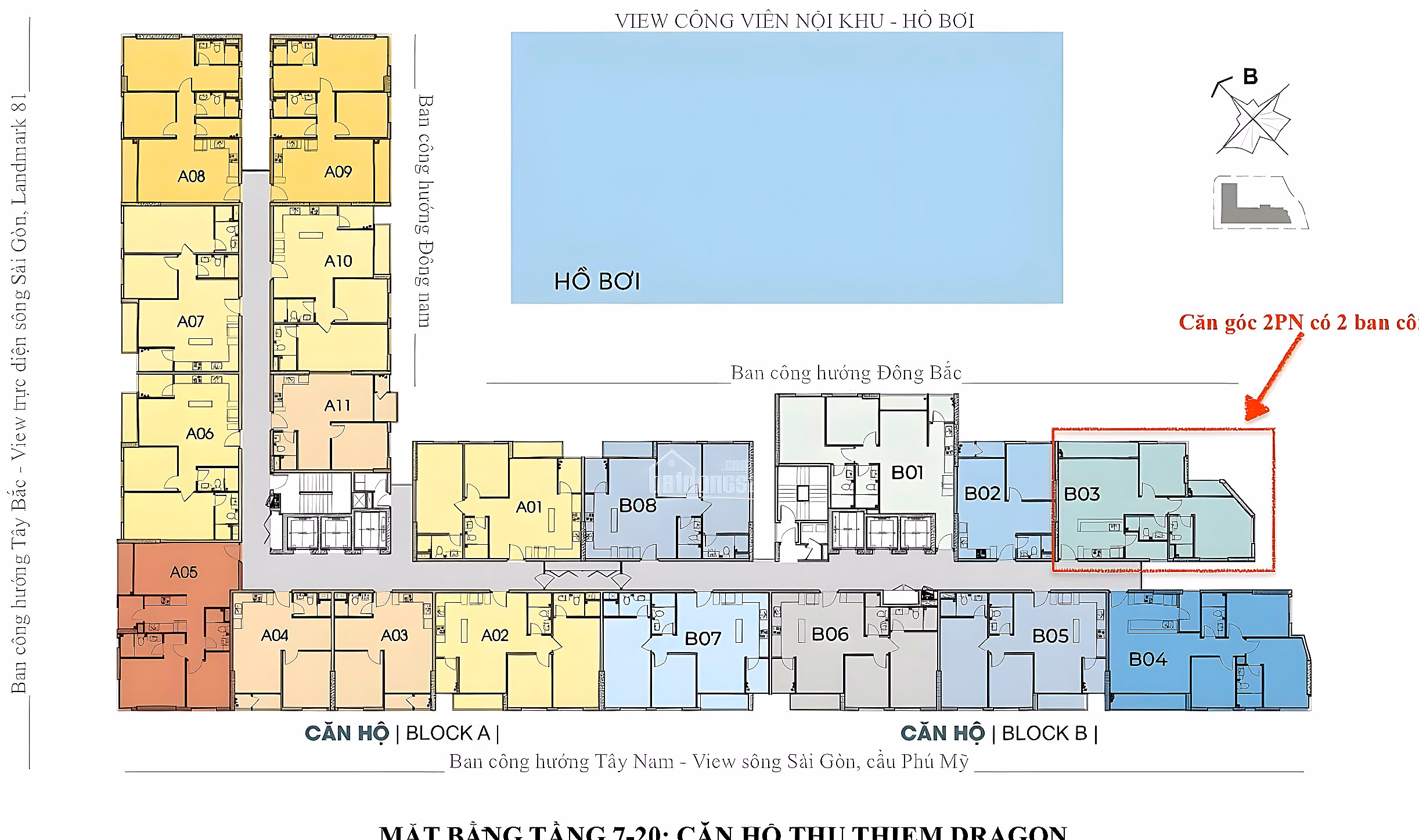 Selling 2-bedroom apartment, corner apartment B03, Thu Thiem Dragon apartment building - direct view of the park and swimming pool