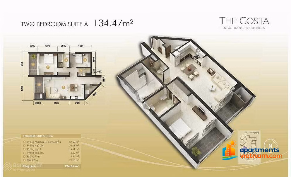 Selling 2-bedroom apartment 135m2 The Costa Nha Trang, sea view, fully furnished, price 15 billion VND