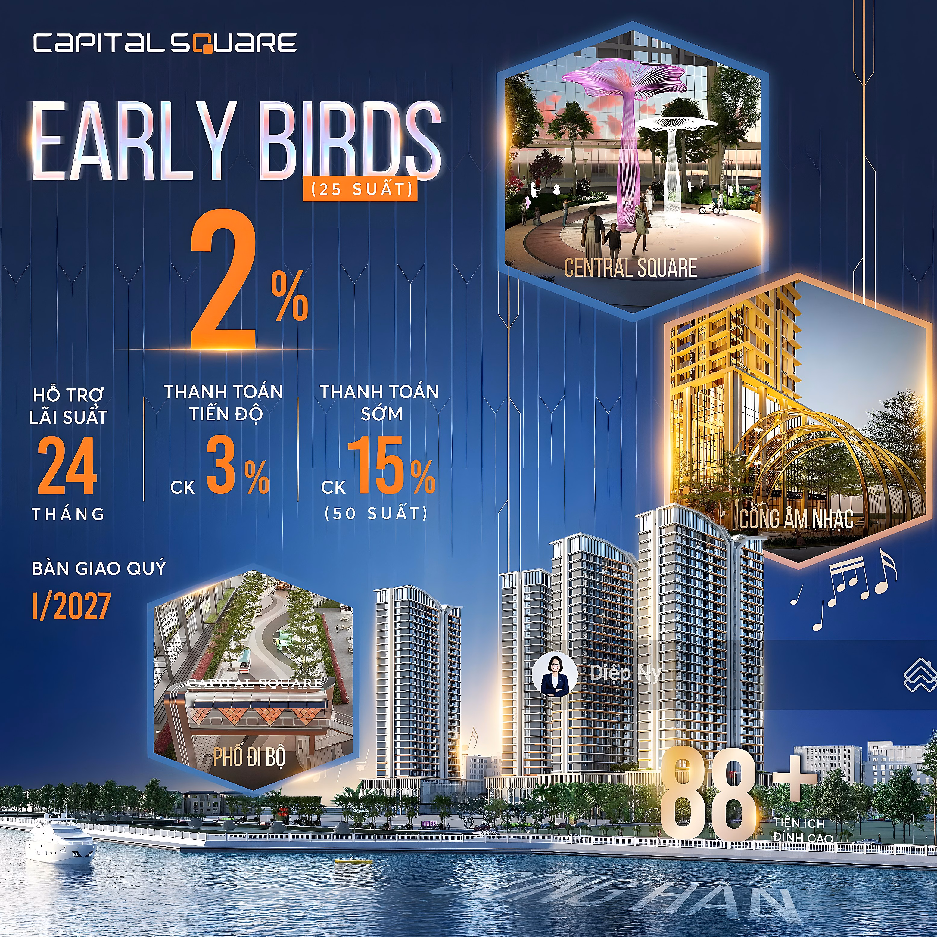 Super hot 1 bedroom+ apartment fund - Capital Square fronting Han River - close to Vincom Da Nang