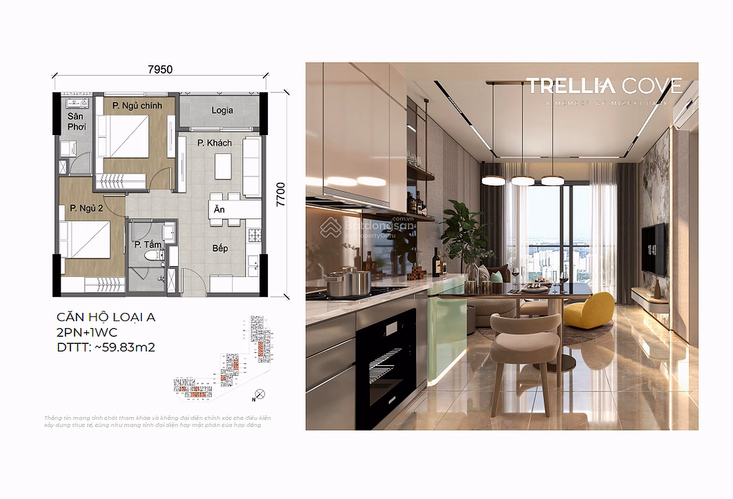 CH Trellia Cove 59m², 2 bedrooms 1 bathroom, Price 4.25 billion full, 100% new house, Handed over 6/2027