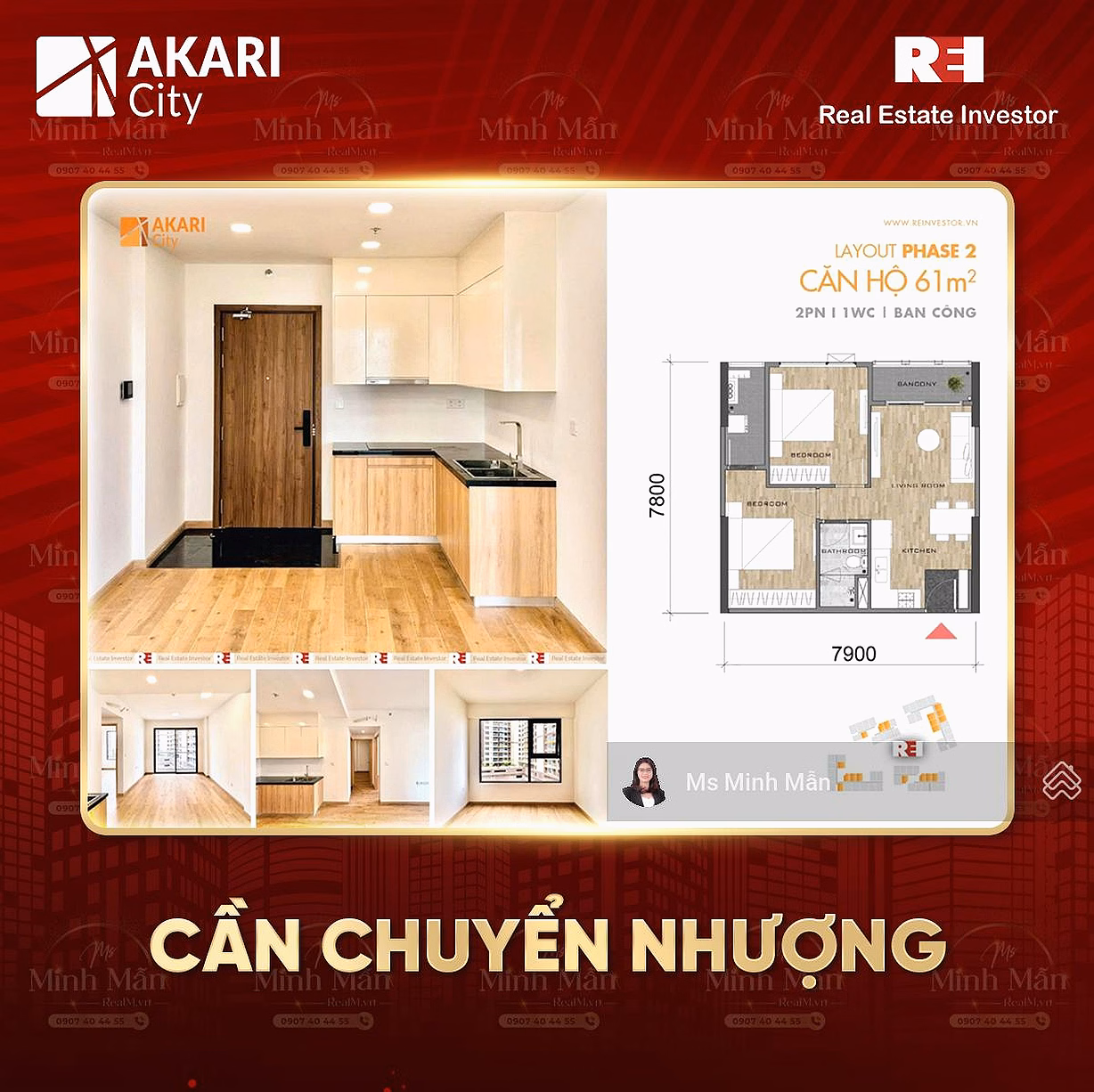 Owner sells Akari City apartment, 2-bedroom apartment 61m2 with pink book, 20% down payment and immediate housing