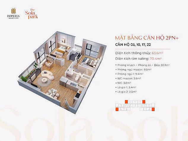 Selling 2 bedroom + 1 apartment 64m2-4.5 billion building G5.2217 Sola Park Vinhomes Smart City project