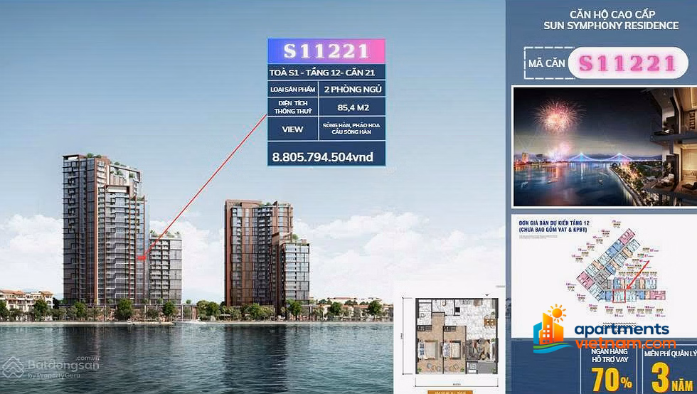 Super product 2 bedroom apartment S11221 with Han river view, Symphony Da Nang project