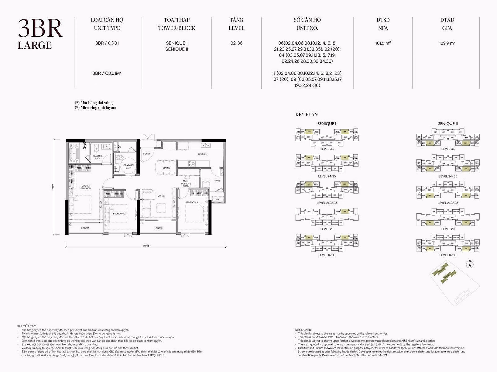 3-bedroom apartment in VIP Sen SP building, area 96.8m2, many amenities, best price, The Senique Hanoi project