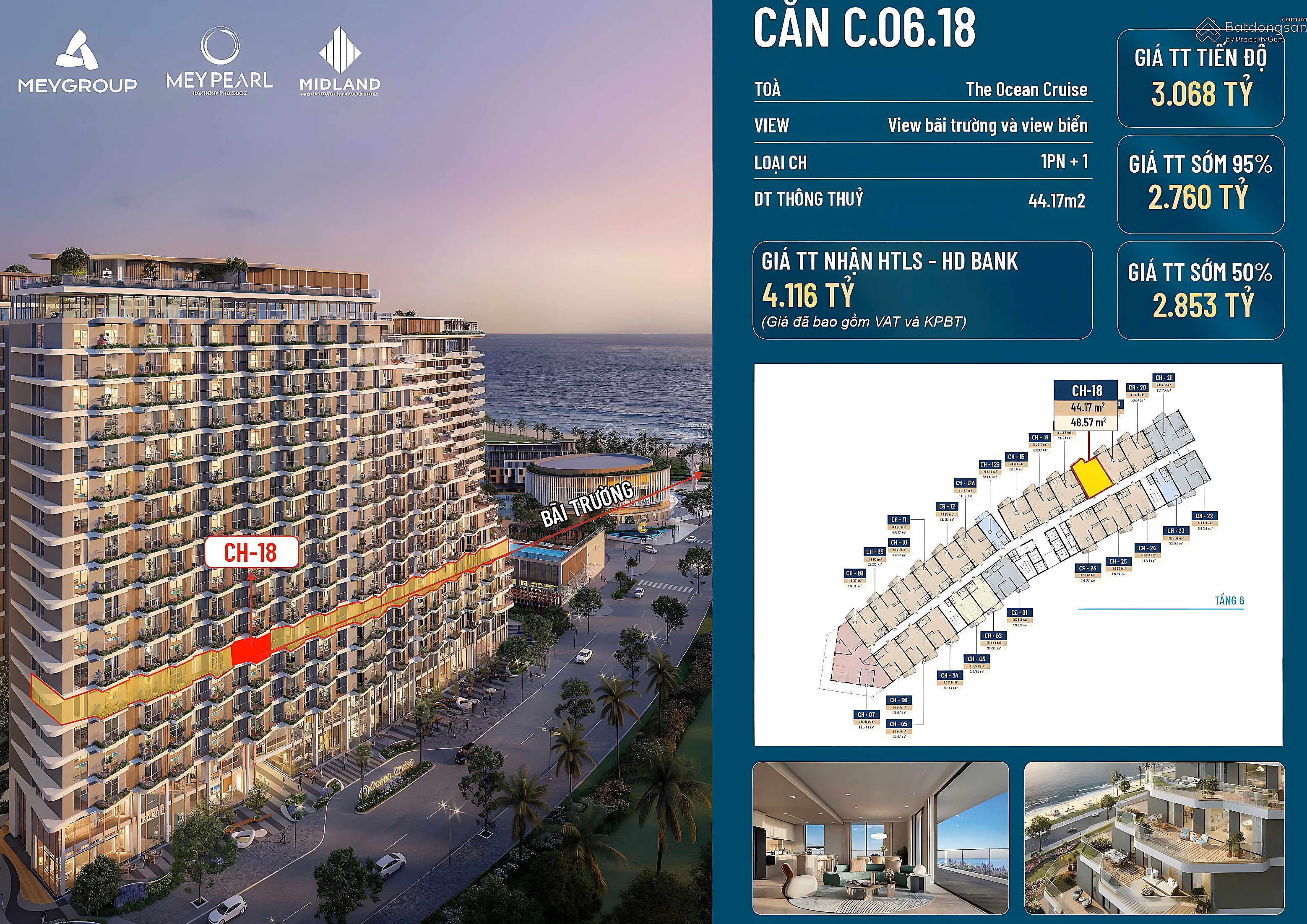 Owner needs to sell 1 bedroom apartment - 45m2 - 6th floor - building C, sea view of Truong Phu Quoc beach. Price 2.76 billion