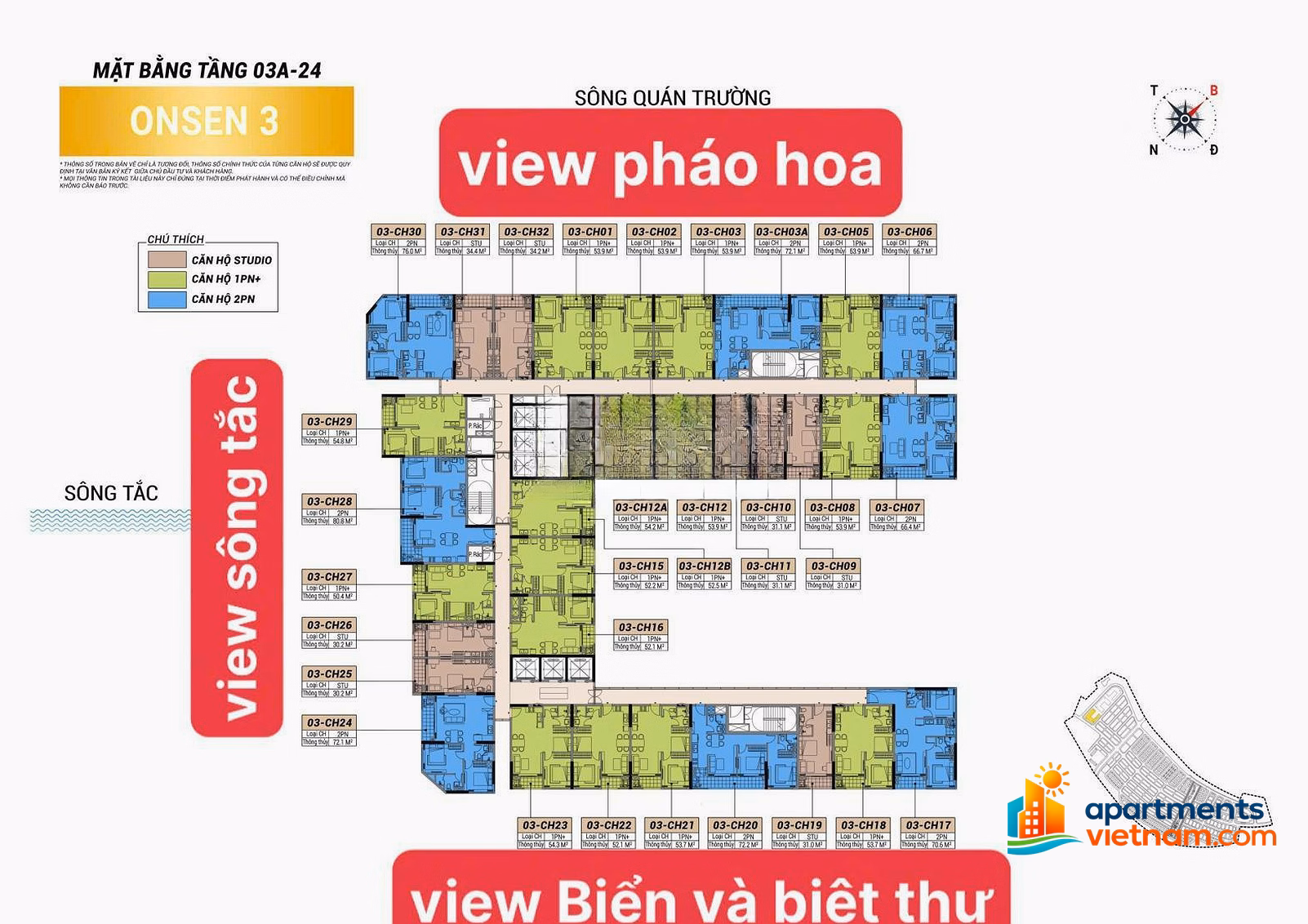 Onsen 3 Exclusive apartment CDT fireworks view. Pay 800 million VND to own 54m² apartment, 30-month interest grace!