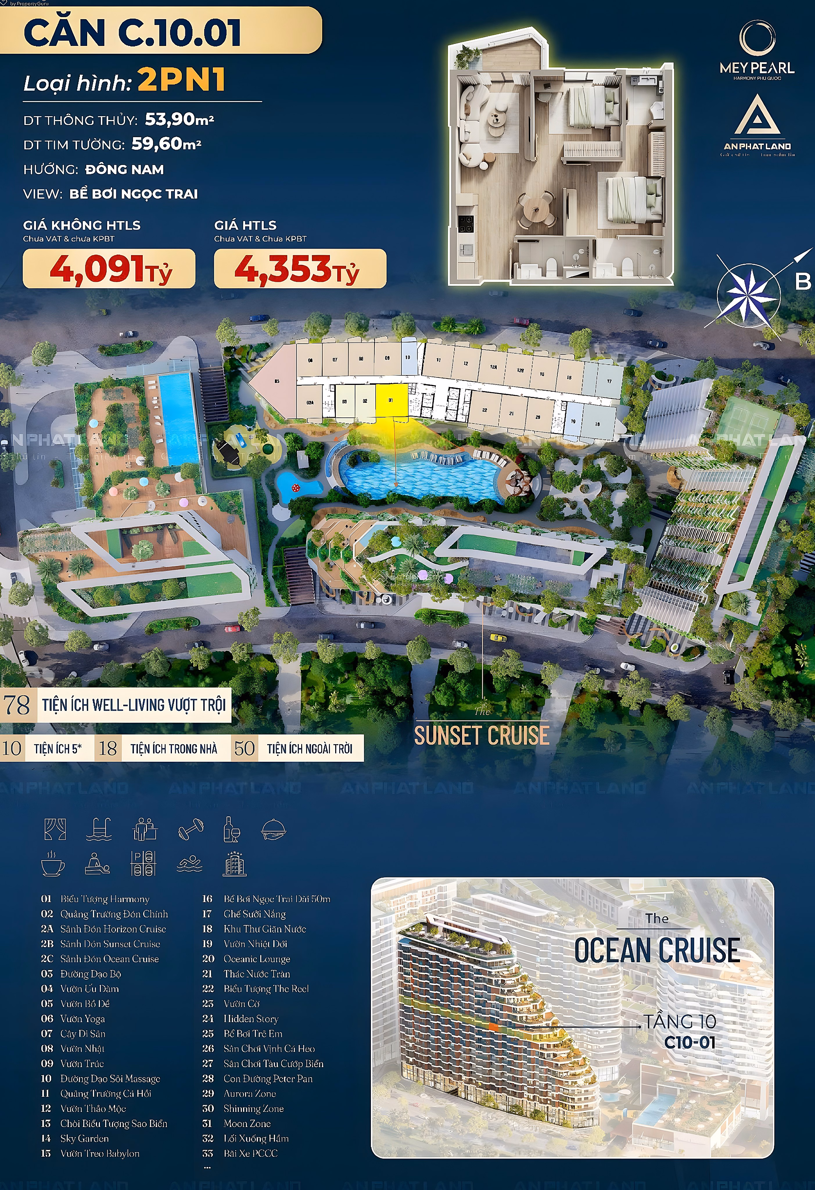 10TH FLOOR BEACH APARTMENT, 2BR1, 5-STAR RESORT STANDARD IN PHU QUOC, 53m2, SOUTHEAST FACING, MILLION DOLLAR VIEW