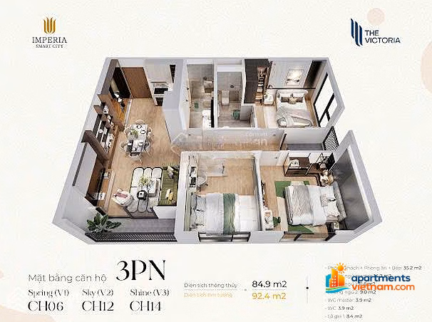 The owner needs to urgently sell a 3-bedroom, 2-bedroom apartment with an area of ​​85m2 for 6.6 billion at The Victoria Vinhomes Smart City.
