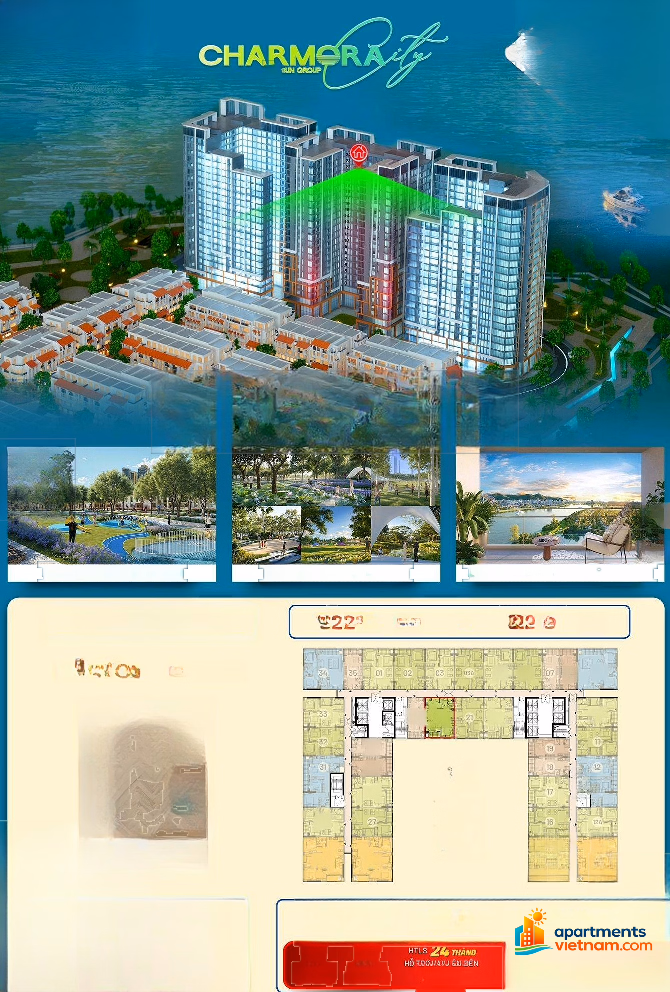 1 bedroom apartment + 22nd floor apartment code O22222 The Onsen 2 building - Charmora City Sun Nha Trang original price Investor Sun Grou