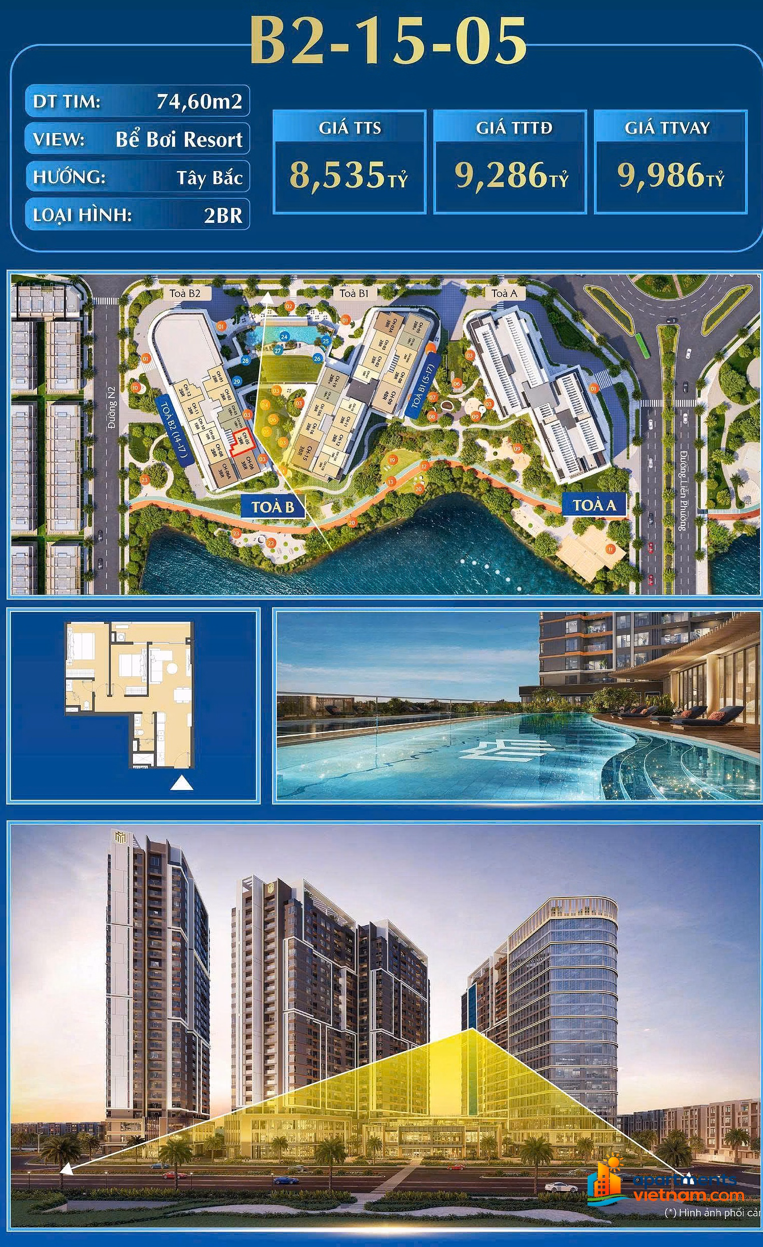 2 bedrooms Masteri Cosmo Central - Resort pool view - 74.6m² - Good price 8,535 billion