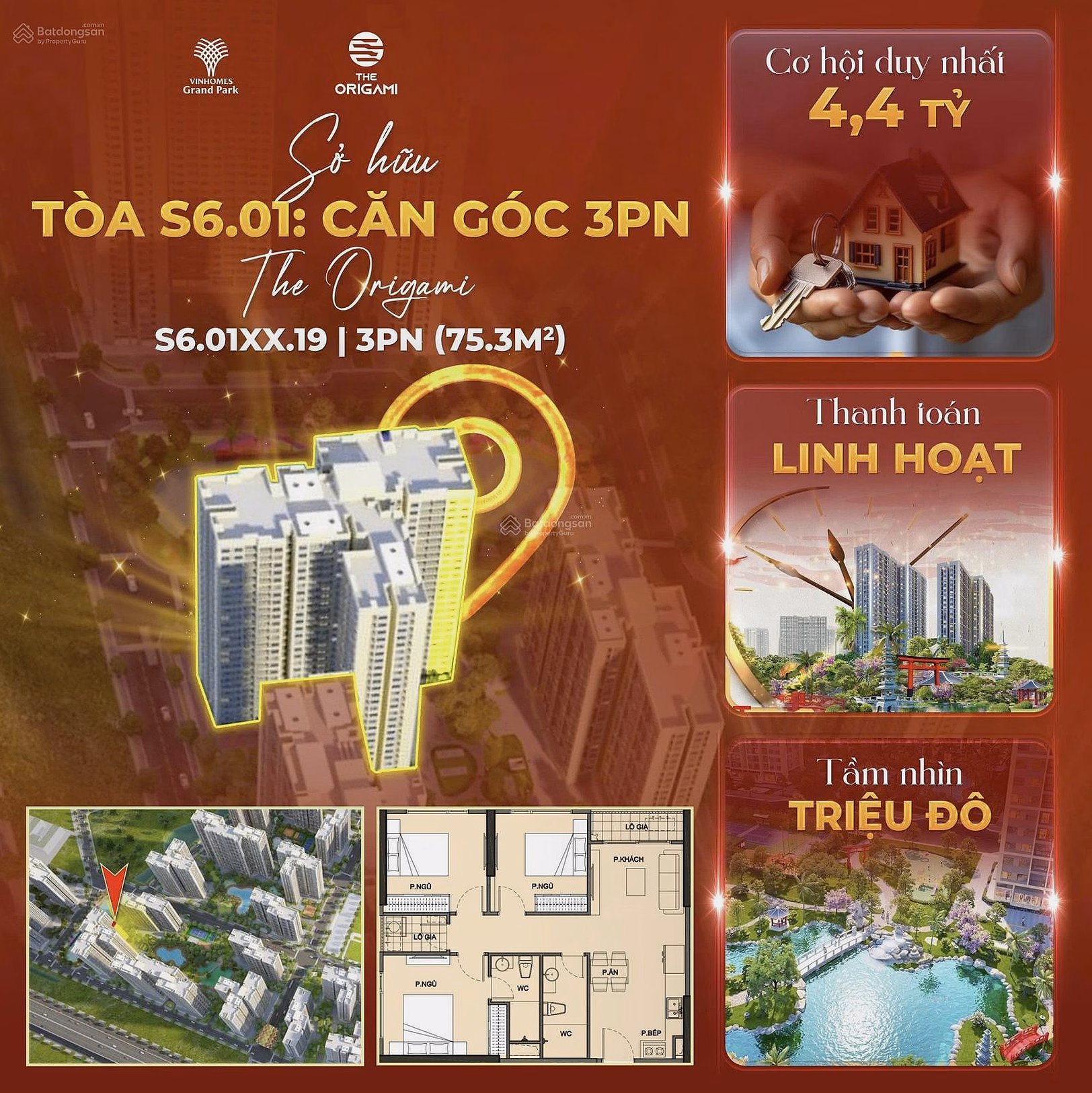 Selling 3-bedroom corner apartment at The Origami S6.01 - 75m2 - Direct view of Koi fish pond - Price only 4.4 billion Get the house now