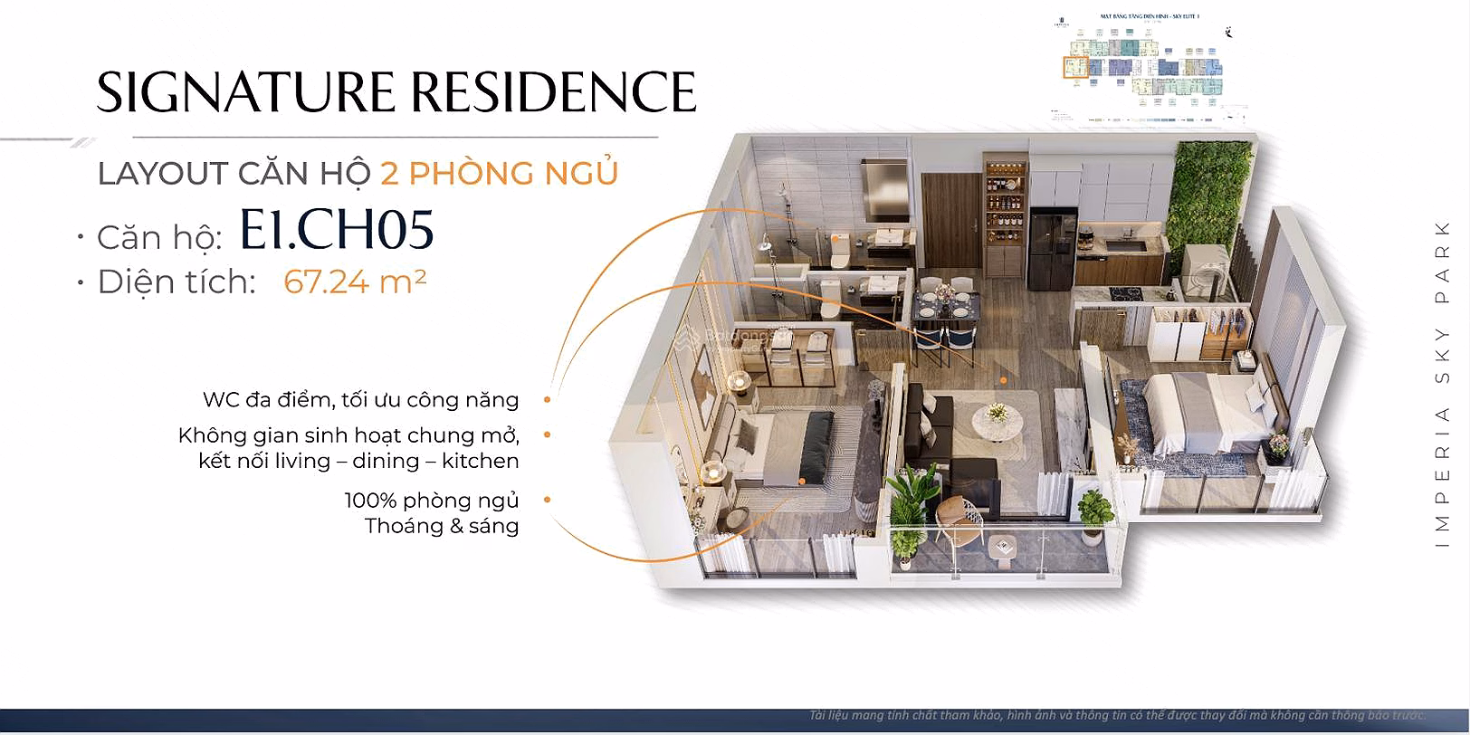 Cool middle floor apartment 61.7m2 price 5.1 billion Imperia Sky Park near Le Trong Tan, History Museum