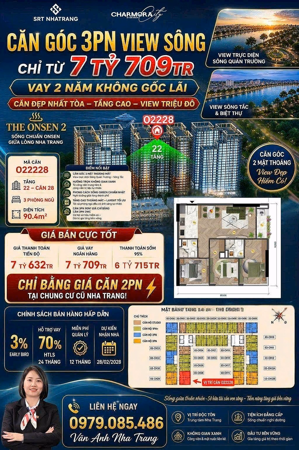 Own a 3-bedroom corner apartment with 90m2 river view and villa view The Onsen 2 - Charmora City Nha Trang for only 7 billion,632