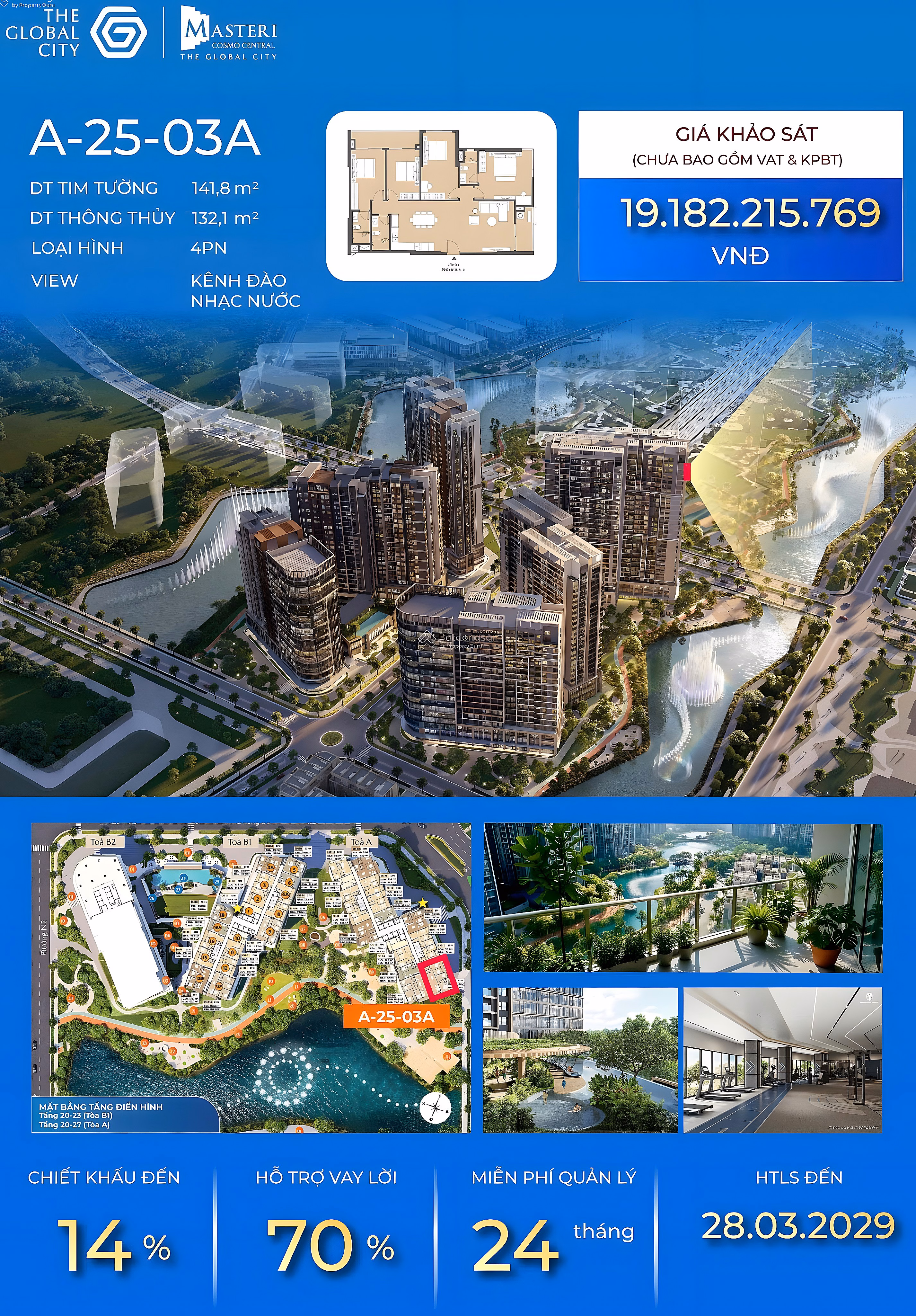 Masteri Cosmo Central 4-bedroom Corner Apartment for Sale, 25th Floor, Direct View of Water Music, 132m2, Good Price 18 billion