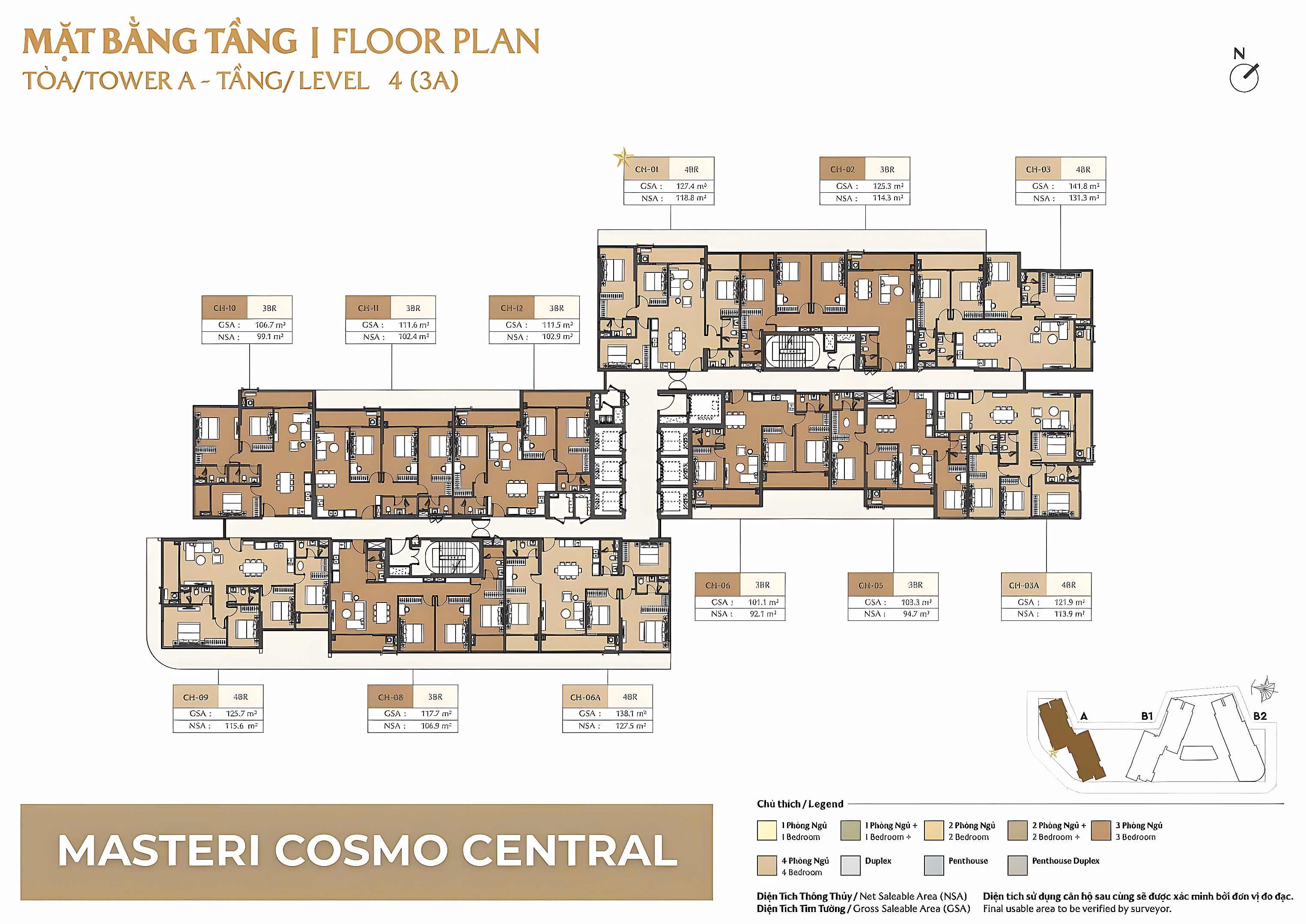 Masteri Cosmo Central 4-bedroom Corner Apartment for Sale, 25th Floor, Direct View of Water Music, 132m2, Good Price 18 billion