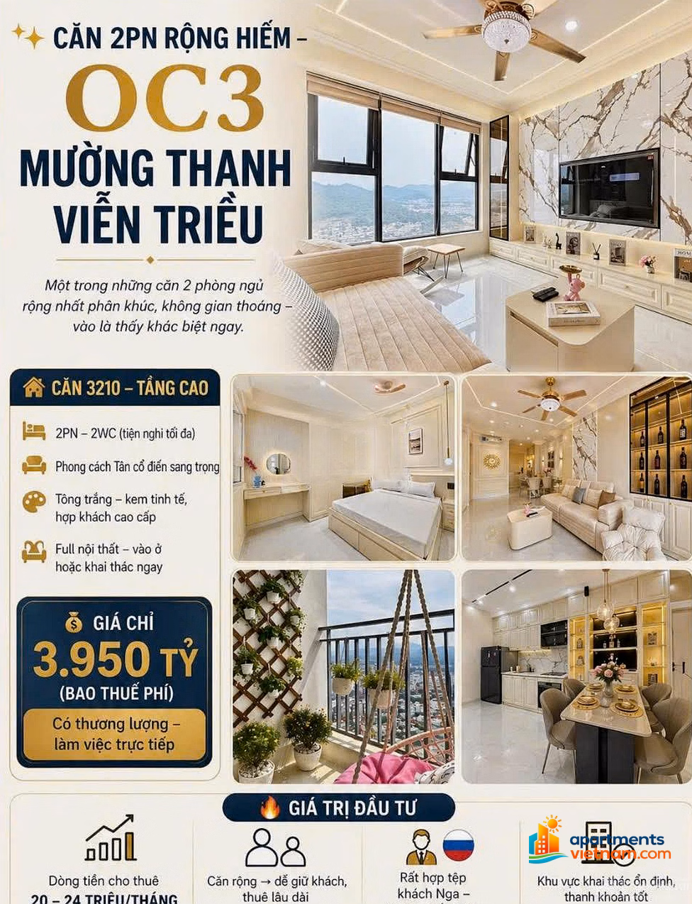 Rare 2-bedroom apartment for sale, 75.24m2, OC3 building, Muong Thanh Vien Trieu, fully furnished, less than 4 billion