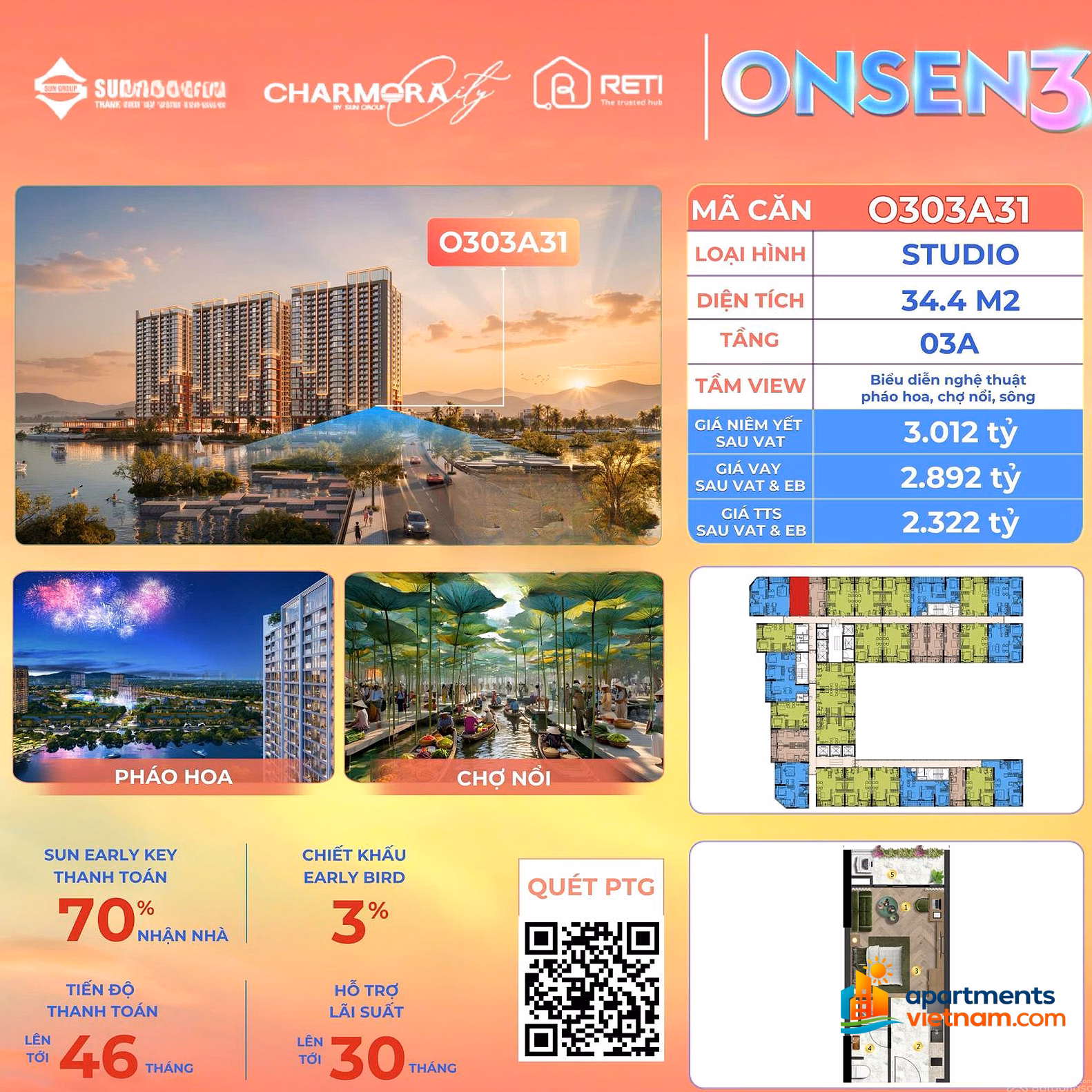 Only 2.3 billion owns a Studio apartment with Onsen3 fireworks view with usable area of ​​34.4m2. Contact 0943 200 ***