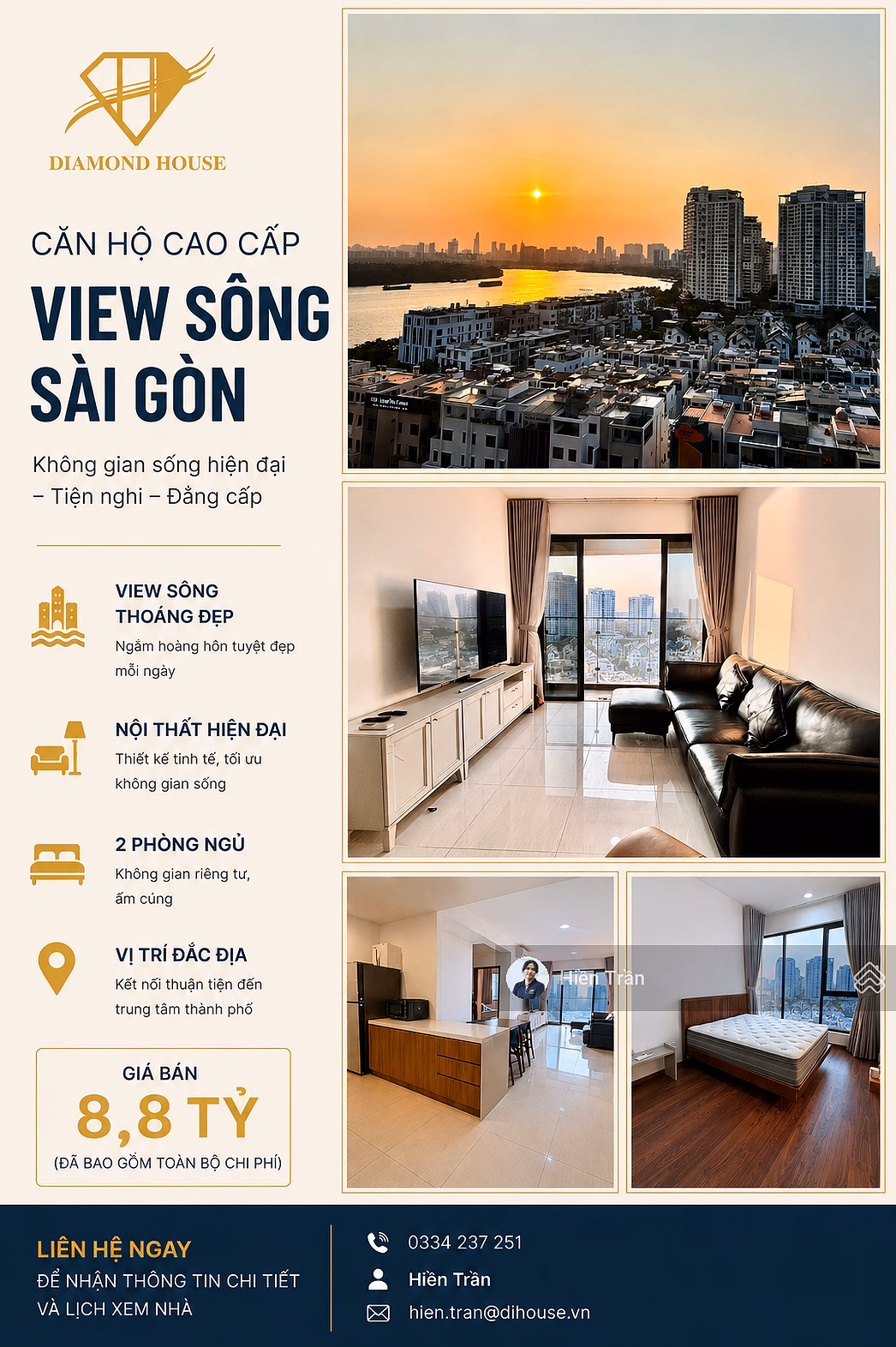 2-bedroom corner apartment with district 1 view - super good price 8.8 billion (all inclusive), fully furnished, call for consultation immediately 0334 237 ***
