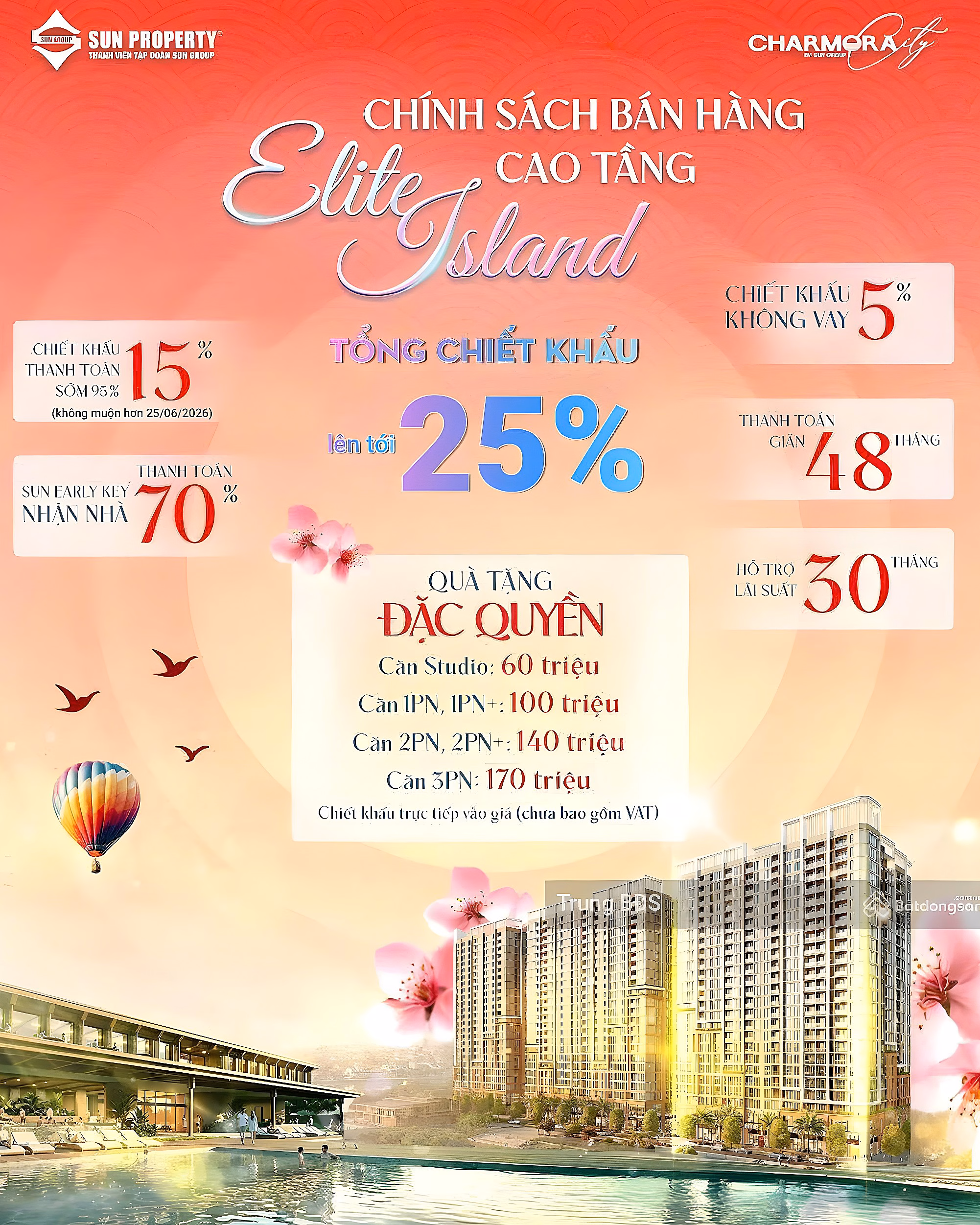 Selling 1 bedroom apartment + Onsen 1 building Chamora City project with incentives TT Directly to investor Sun Group