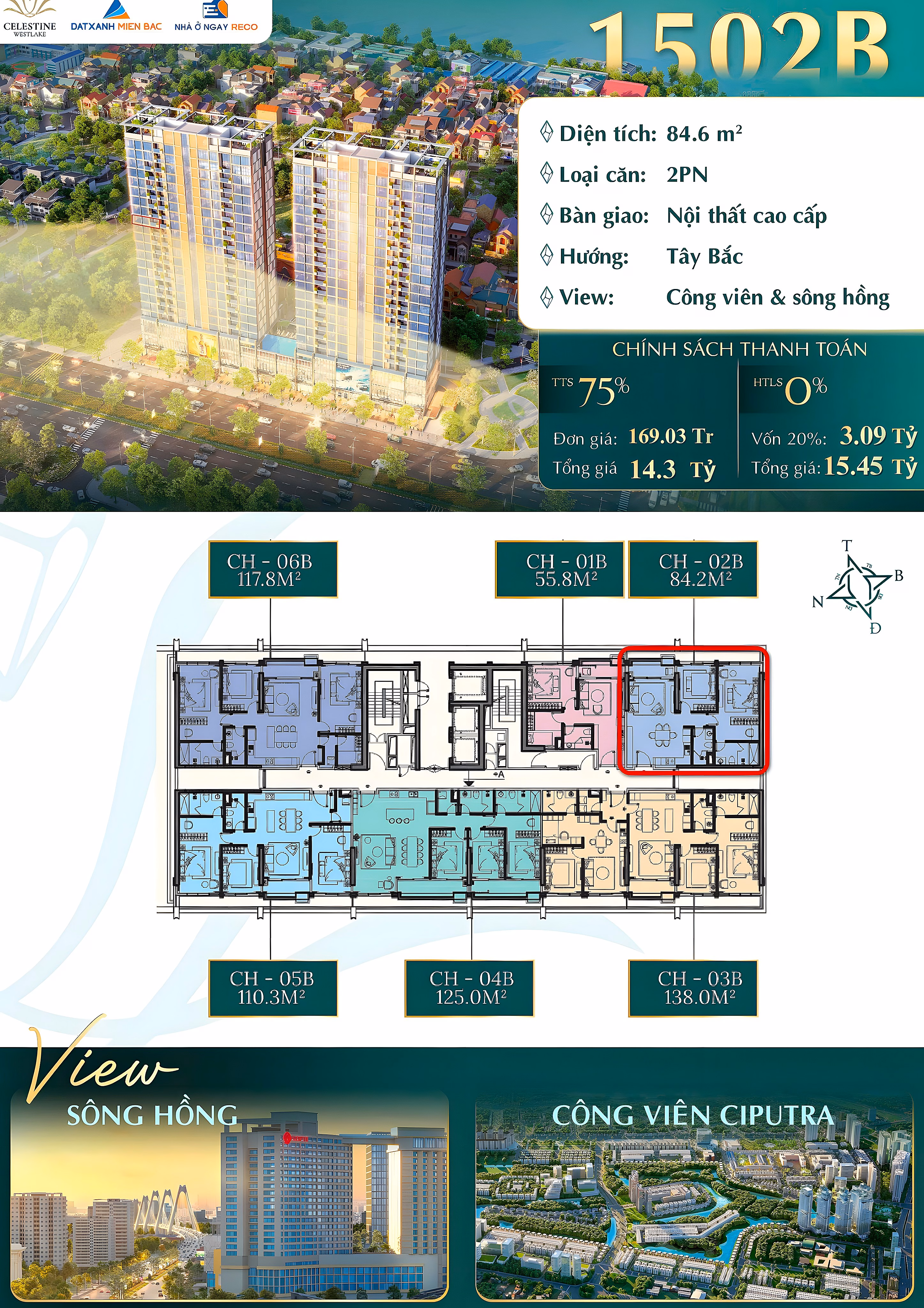 Corner apartment fund with 3 - 4 bedrooms from 110m2 with direct view of West Lake, cheapest price on the market. Only the last few units left!
