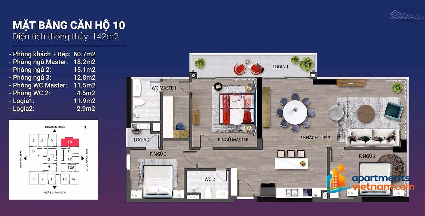 Selling the only 142m full glass corner apartment with balcony at The Nine Apartment, 3 bedrooms, 2 bathrooms, red book available (rare)