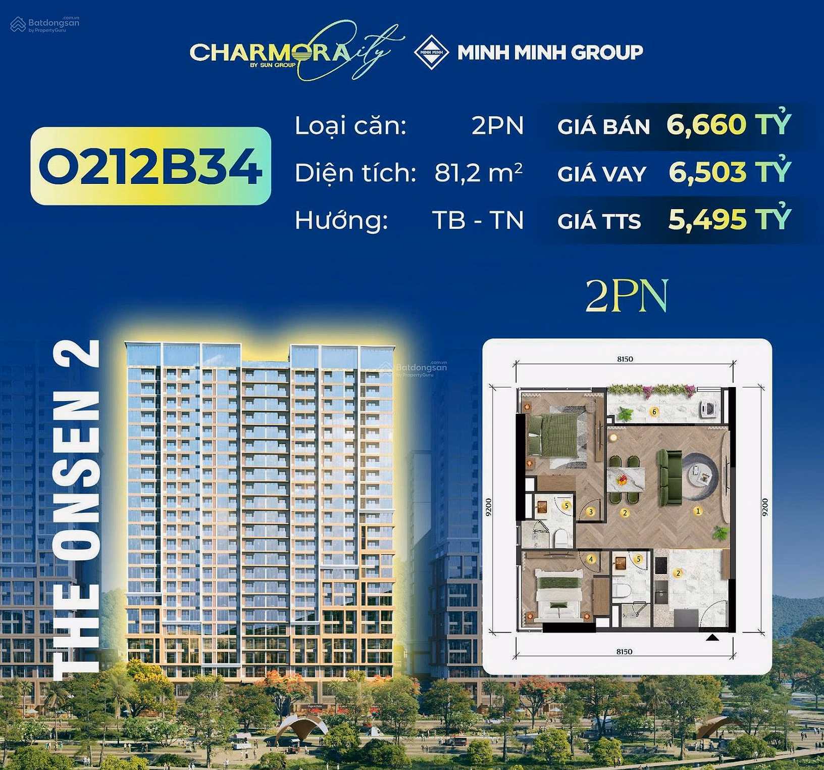 [Discount 1.1 billion] Corner apartment (0212B34) 2 bedrooms The Onsen 2 Building - Charmora City - River View