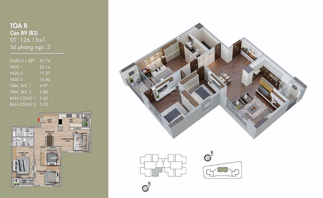 Selling a corner apartment with 3 bedrooms, 2 bathrooms, 126.1m2, building B2, view of Lotte Mall & Vo Chi Cong flower garden
