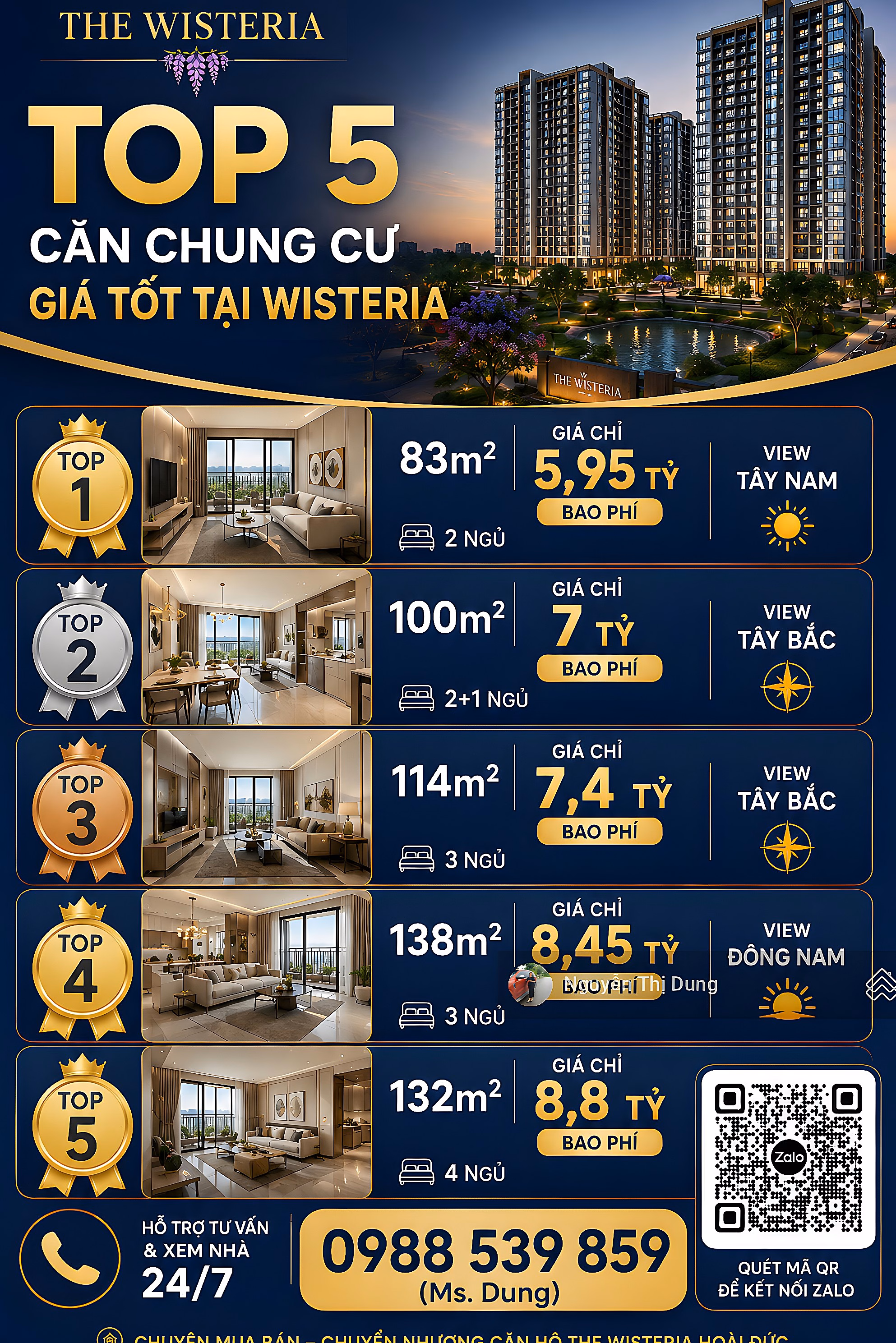 Wisteria Apartment: 5.95 billion 83m²; 7,150 billion 100m²; 7.4 billion 115m²; 8.45 billion 39m²; 8.95 billion 142m²