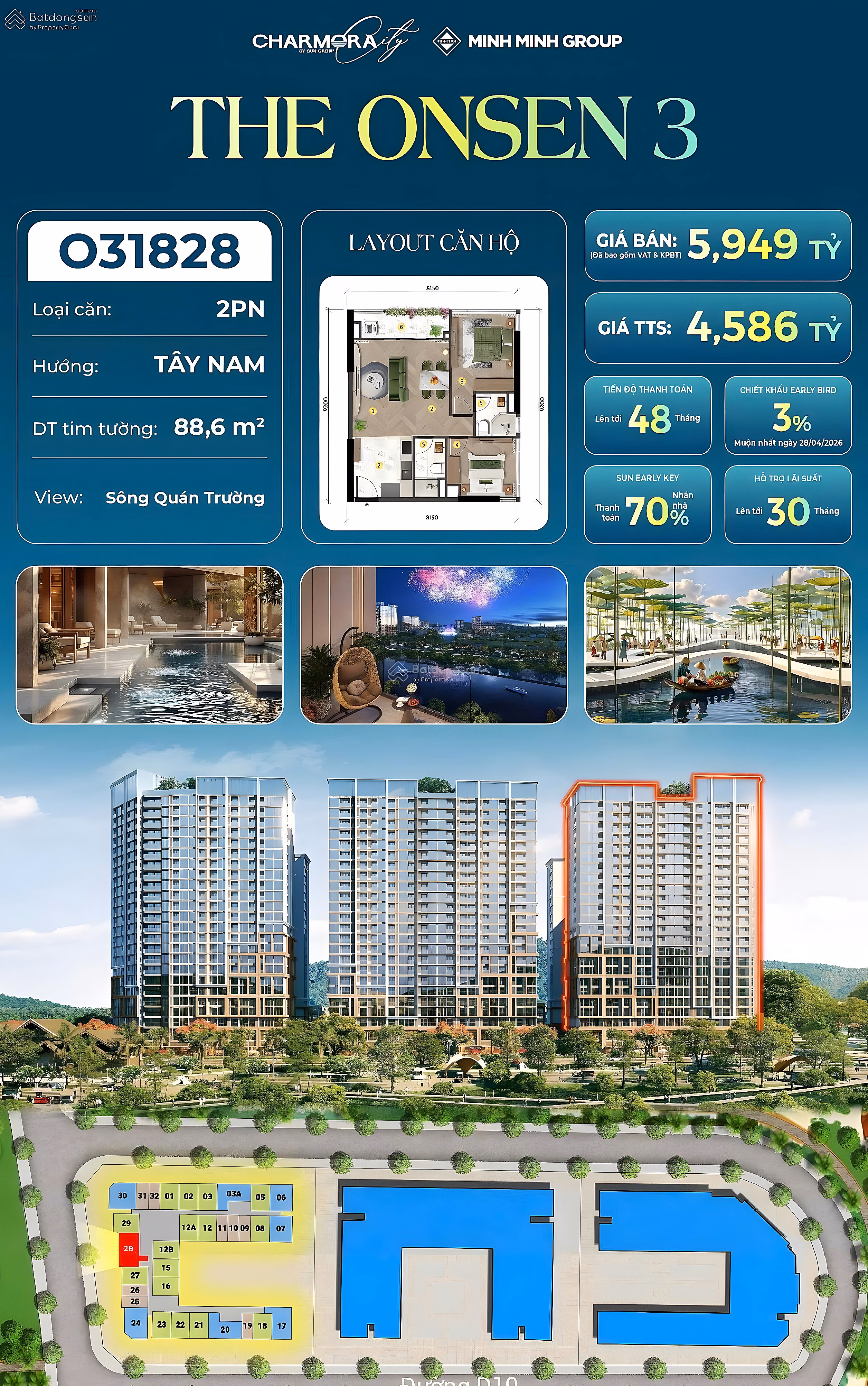 Beautiful product The Onsen 3 apartments 2 bedrooms river view. The Charmora City Nha Trang project