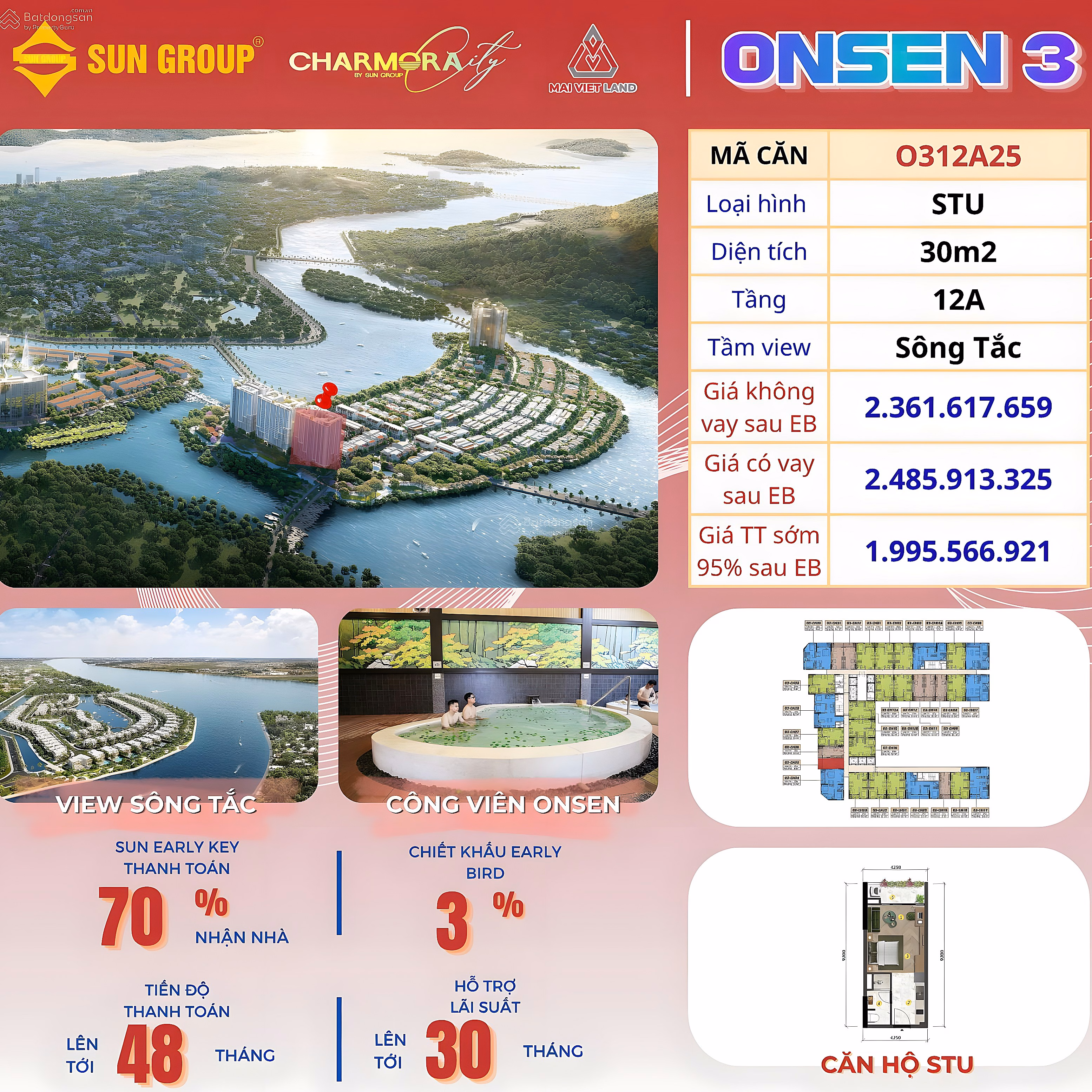 Japanese standard Onsen3 studio apartment 30m2 view Tac River - 12th floor welcomes the full sunrise TT 70% to receive the house immediately
