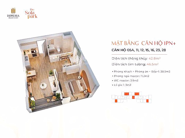 Selling 1 bedroom + 1 apartment 43m The Sola Park price 3.1 billion Vinhomes Smart City urban area