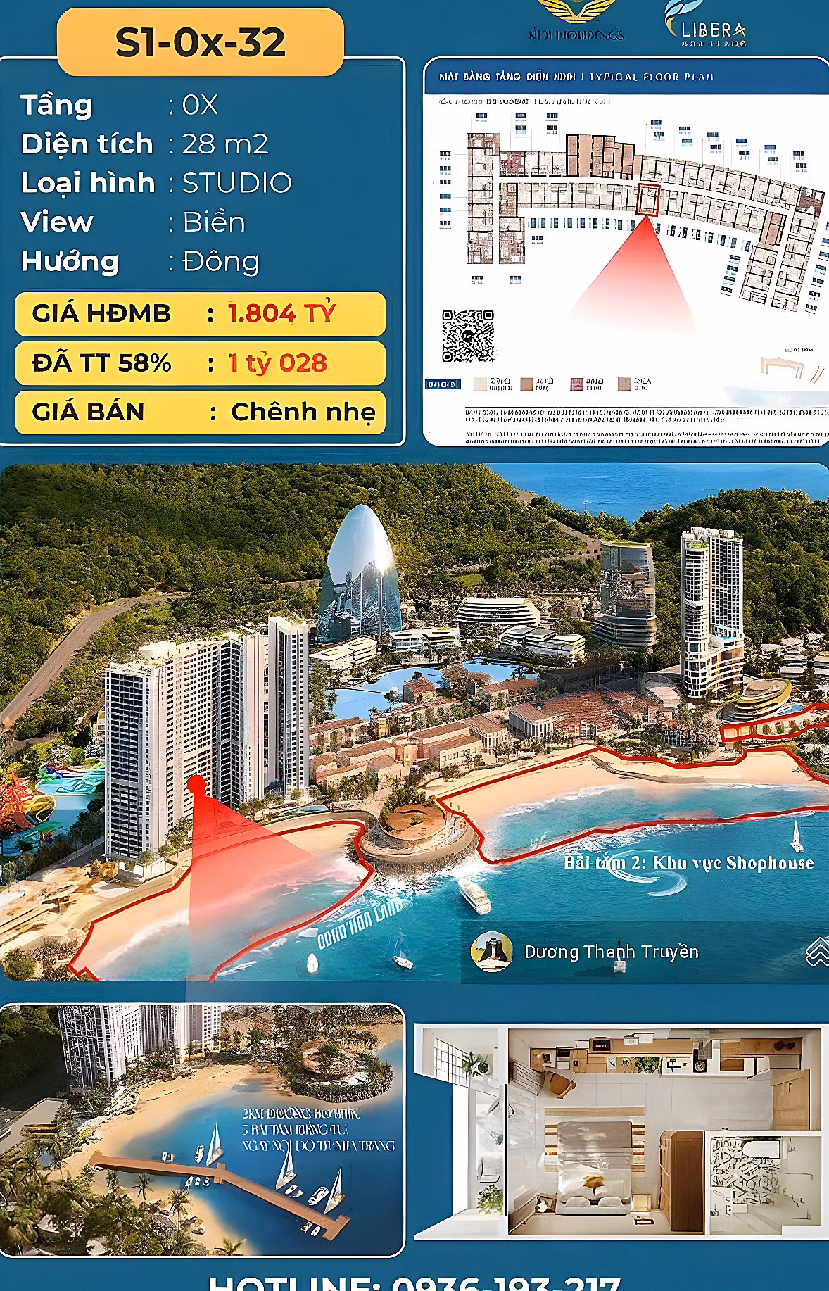 OWNER NEEDS MONEY TO SELL AT A LOSS STUDIO LIBERA NHA TRANG APARTMENT - 28.1M2 - DIRECT SEA VIEW - PRICE ONLY 1.95 BILLION