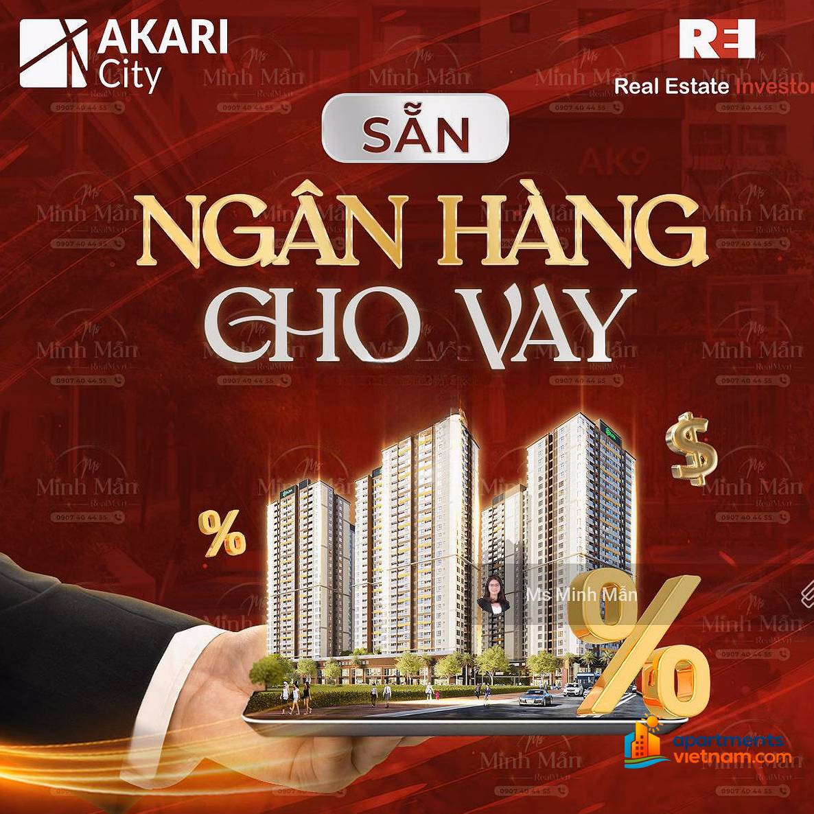 Owner sells Akari City apartment, 2-bedroom apartment of 61m2 with pink book, 20% down payment and immediate housing