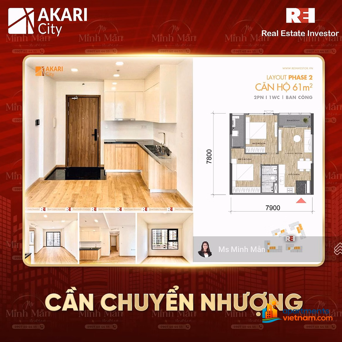 Owner sells Akari City apartment, 2-bedroom apartment of 61m2 with pink book, 20% down payment and immediate housing