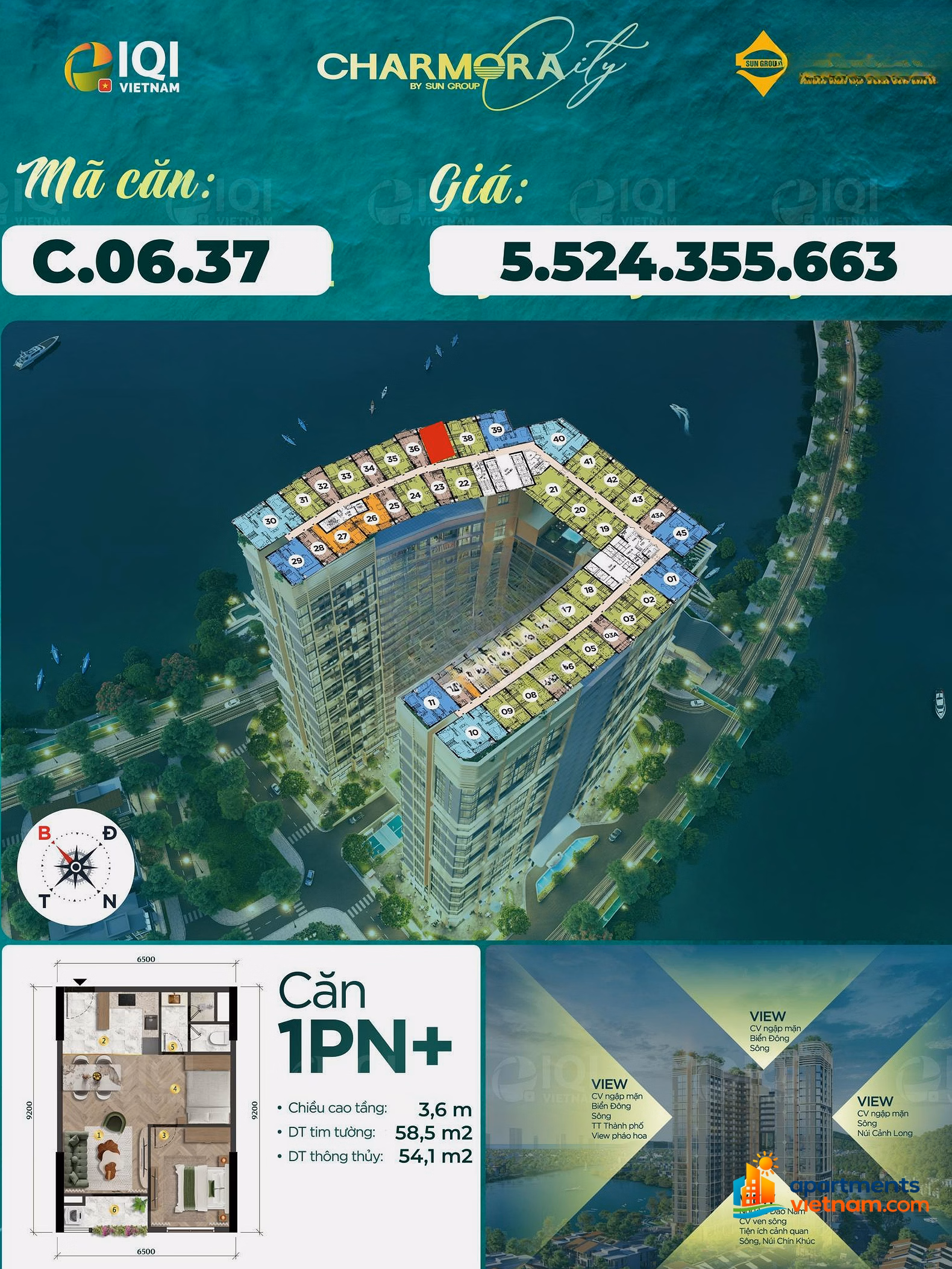 Kieu Trinh - The Charm Sea View Apartment Charmora City Nha Trang | 1 bedroom + 54.1m² | Only 5.14 billion