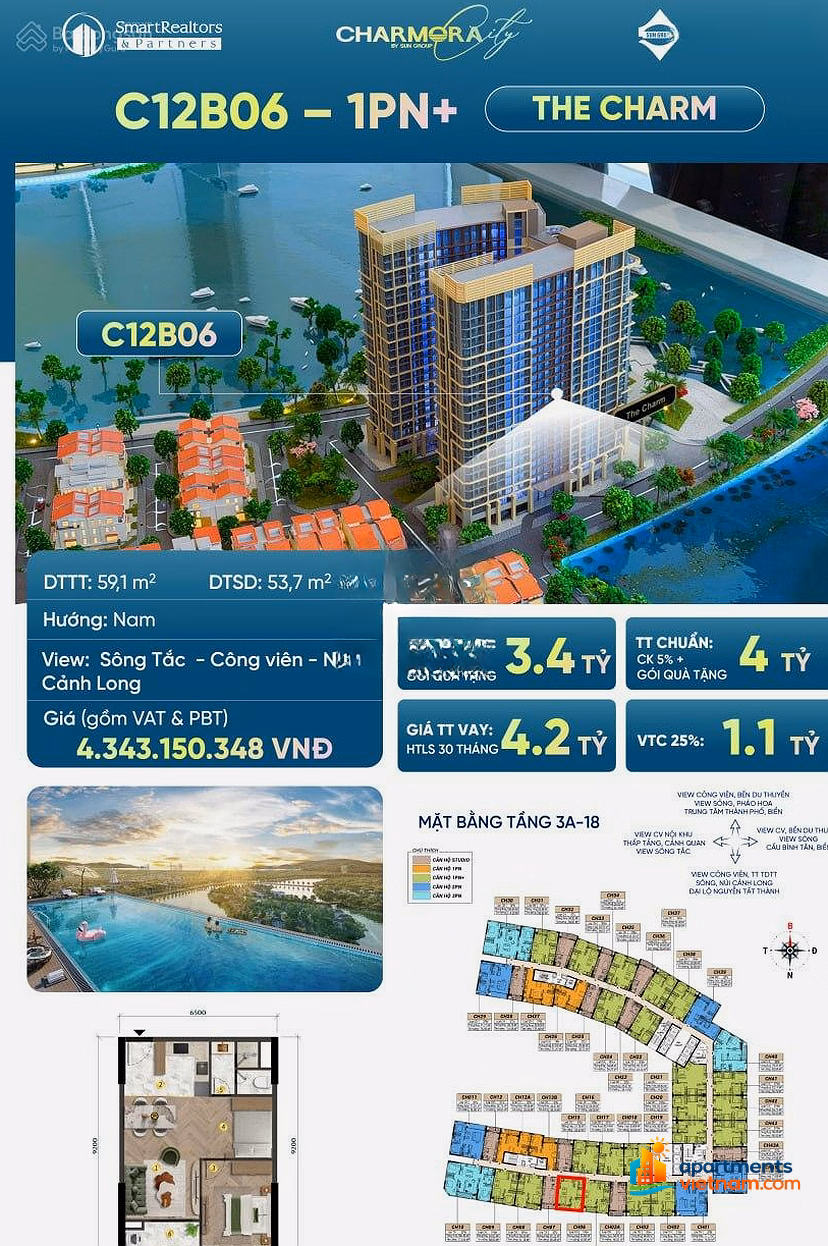 1-bedroom apartment+ Charmora building with view of Tac river - beautiful middle floor worth only 4 billion VND