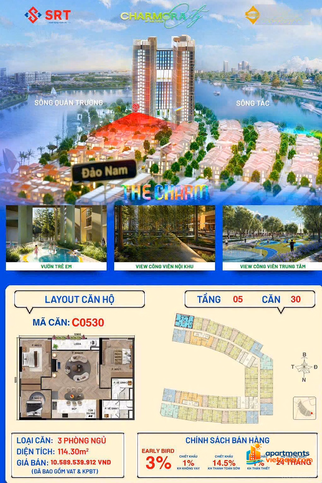 There is only 1 beautiful 3-bedroom apartment with river view left at The Charm building - Charmora City Nha Trang by Sun Group