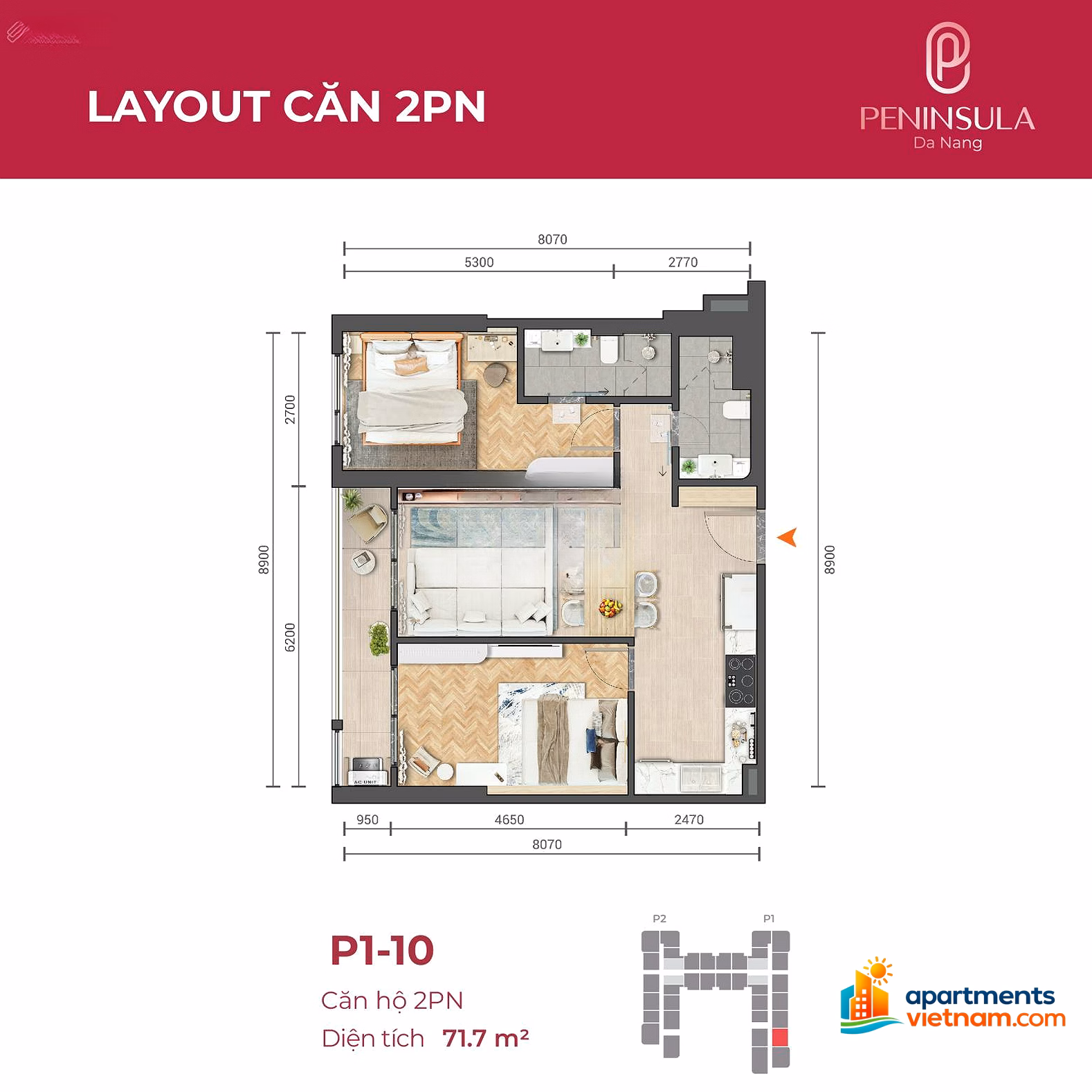 Exclusive 2-bedroom apartment, area 73m², river view, fireworks viewing, good reference price in the area