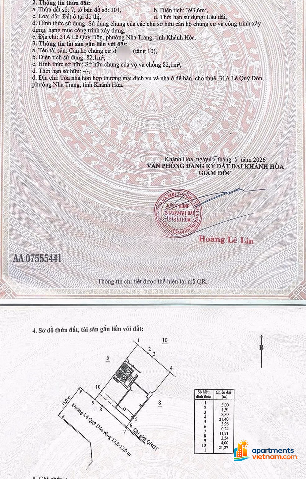 82M2 APARTMENT HAPPY SKY BUILDING, LE QUI DON STREET, NHA TRANG CITY, ONLY 500MET FROM THE SEA WITH PINK BOOK