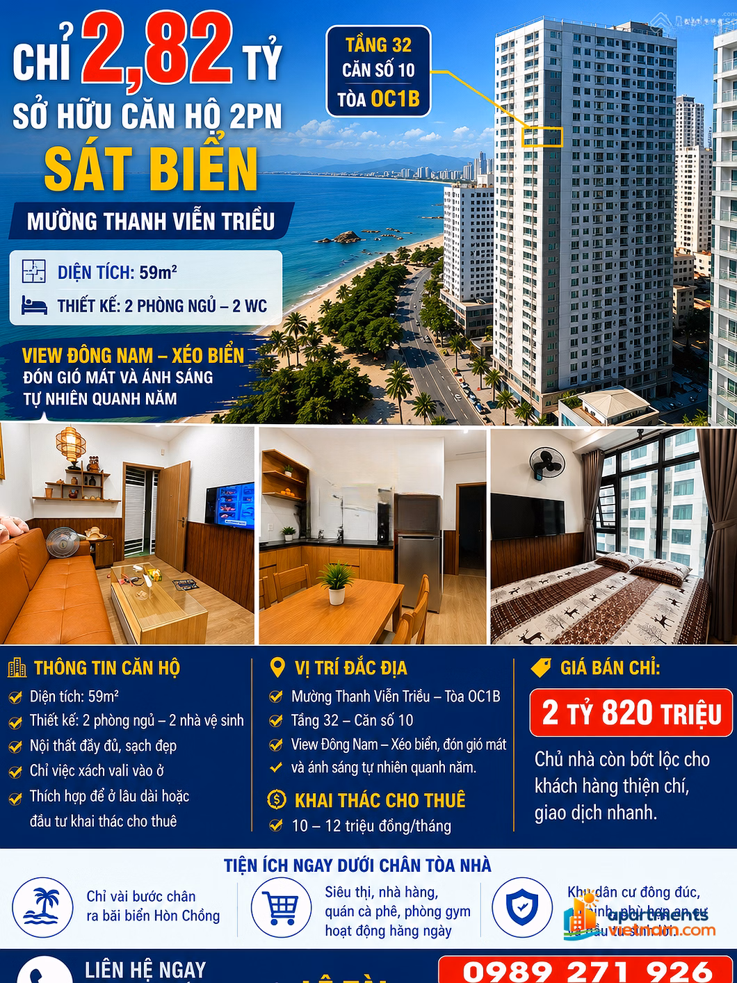 Only 2.82 billion owns a 2-bedroom apartment near the beach in Muong Thanh Vien Trieu