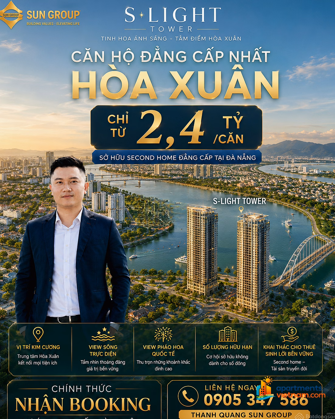 S-LIGHT TOWER FIRST-LEVEL VIP APARTMENT IN HOA XUAN, CART WITH DIPLOMATIC RIVER VIEW LIMITED QUANTITY NOW BATCH 1