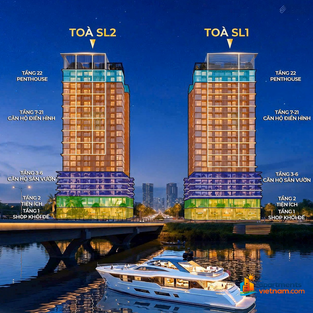 Hottest on the market! Only 49 million/m2 to own a 2 bedroom + 2 bathroom apartment with river view and fireworks view at S-Light Tower