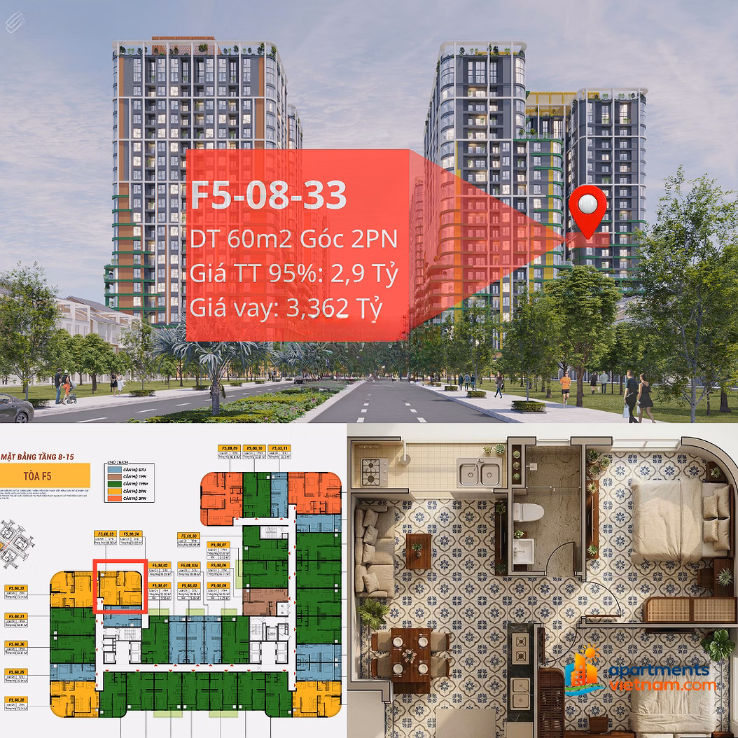 48 million/m2, 2-bedroom corner apartment in sUn Fours Tower project, super cheap project