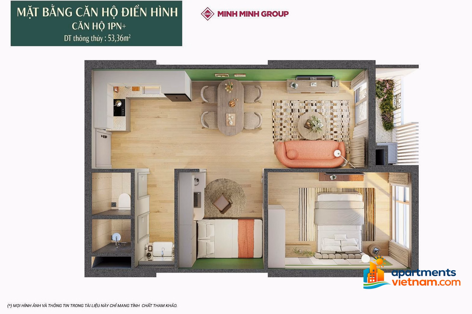 1 bedroom + apartment, Onsen 2 building - Charmora City, area 58.5m2, price 2.92 billion