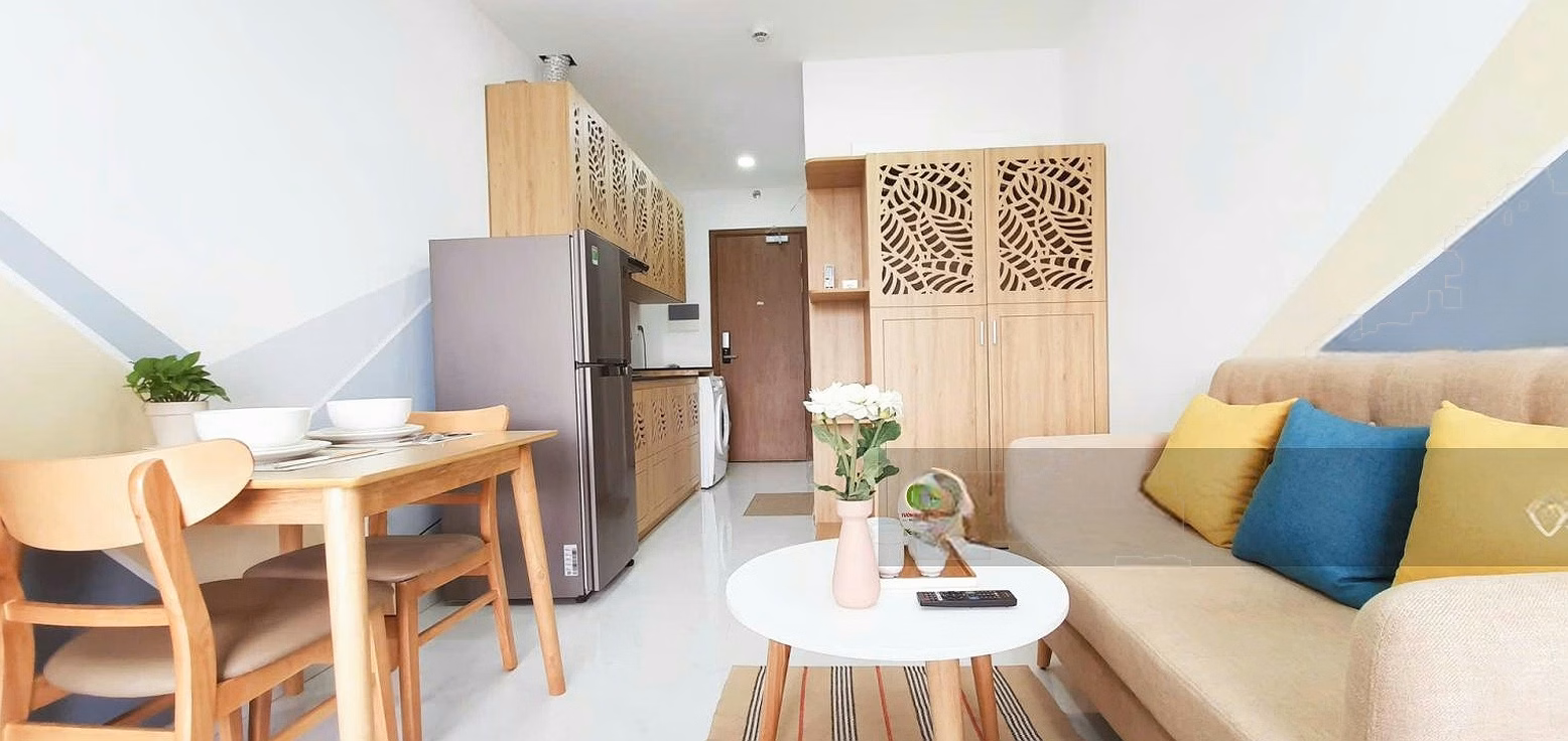 Balcony with beautiful river and Bitexco views. Millennium 1 bedroom 30m2 for rent. High-end furniture. Price 13 million/month