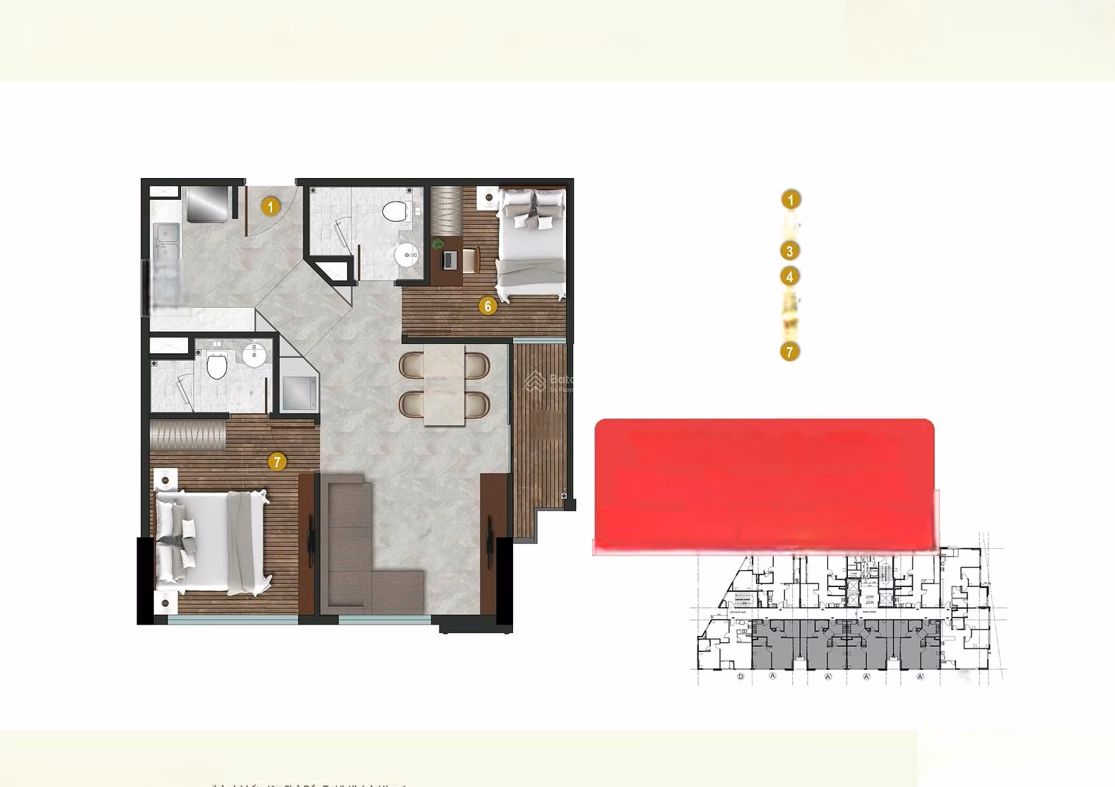 Cheapest price 2 bedroom 2 bathroom apartment for sale at The Gloria. Have the red book ready, get the house immediately. SE direction. View of Thanh Cong Lake