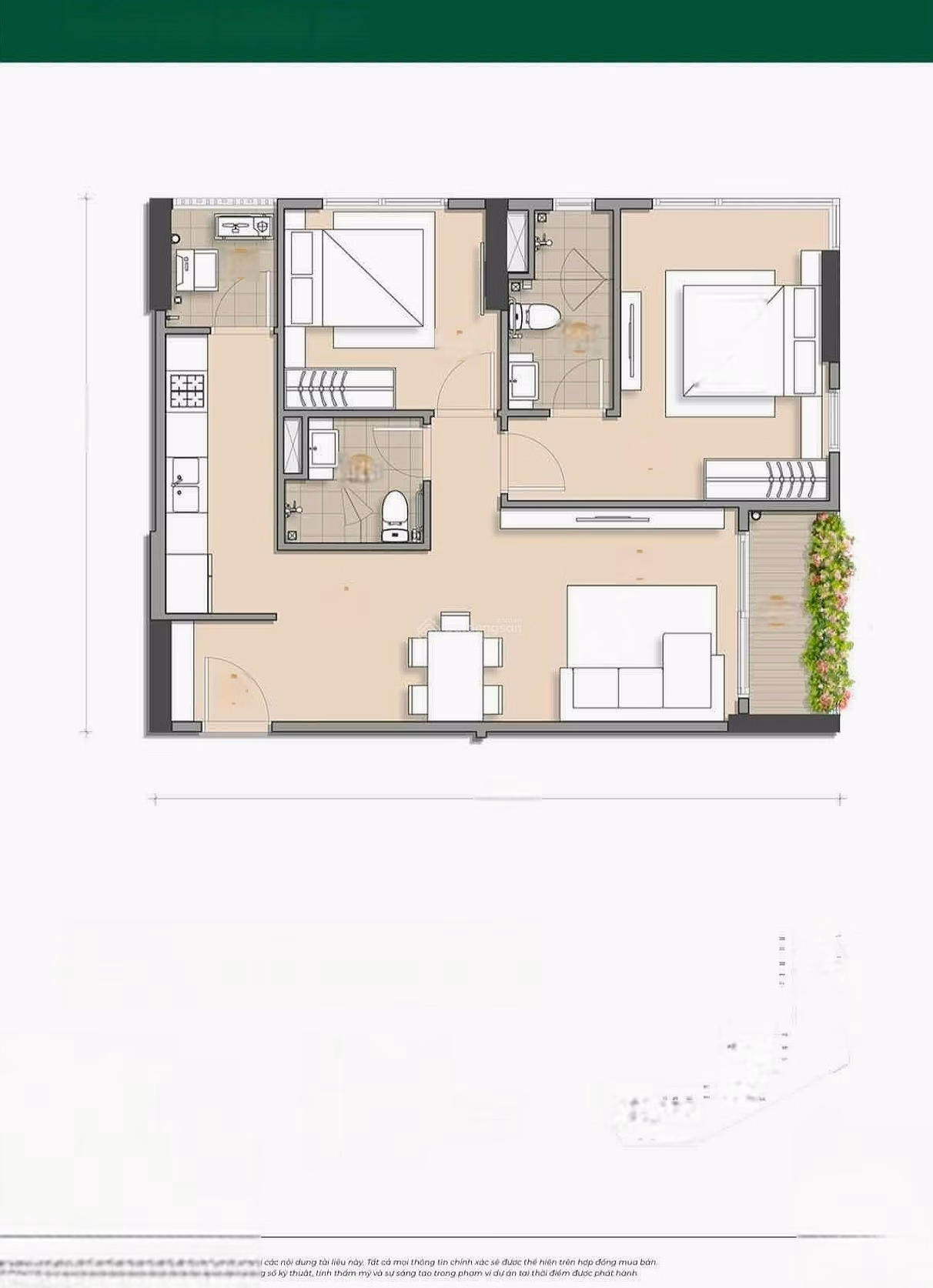 2 bedrooms + 2 bathrooms | Direct swimming pool view | Southeast direction is rare