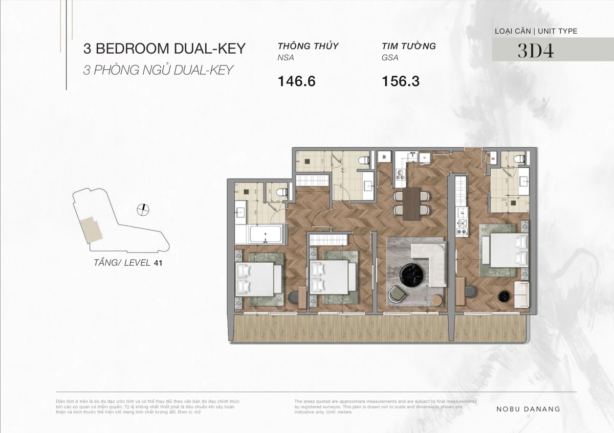 3 bedroom dual key hotel apartment for sale at Nobu Residences Da Nang. Located from 19th to 41st of