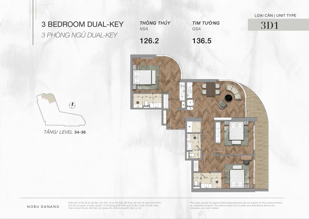 3 bedroom dual key hotel apartment for sale at Nobu Residences Da Nang. Located from 19th to 41st of
